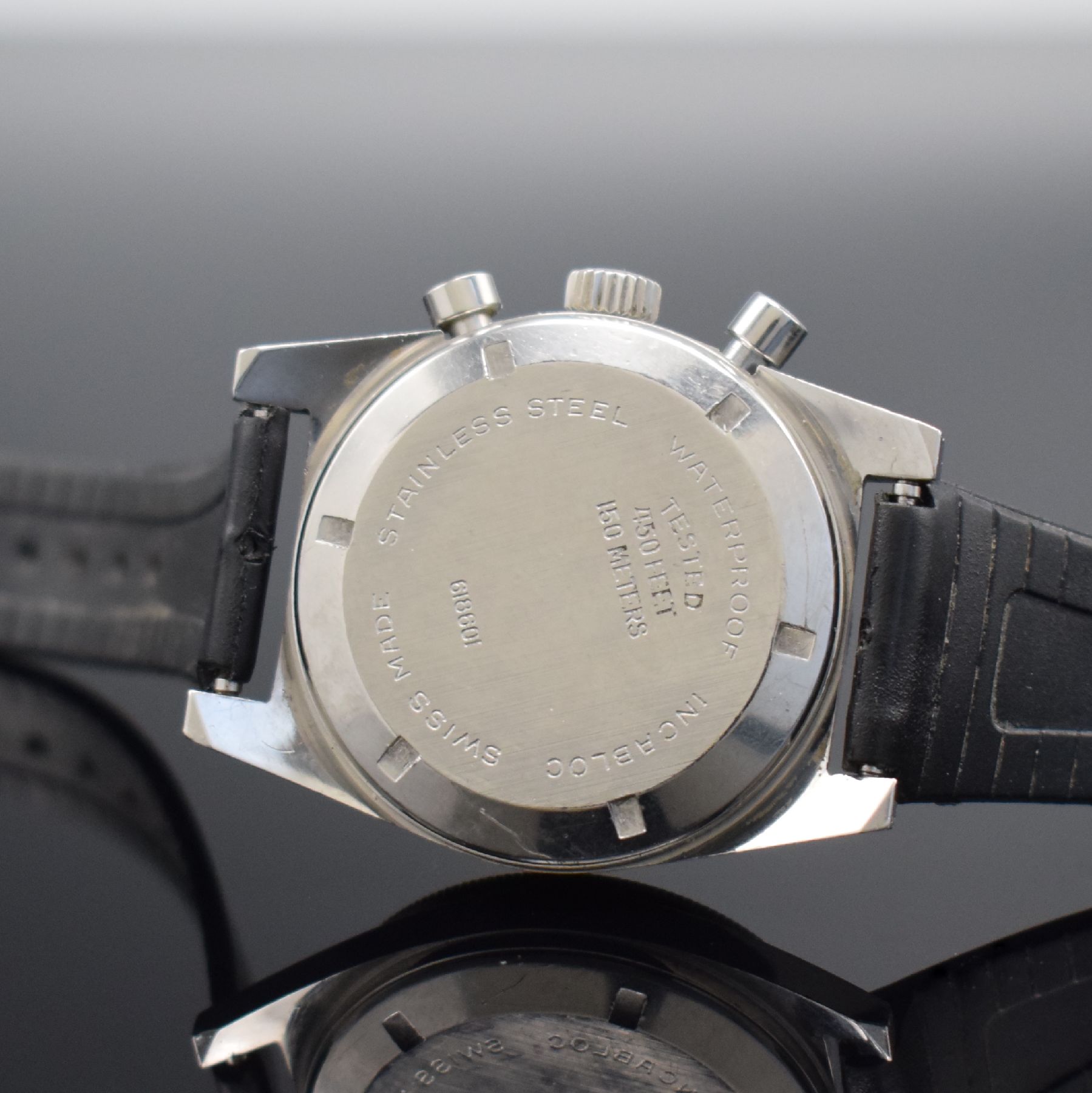 Detail b: LE PHARE seltene Herrenarmbanduhr mit Chronograph Kaliber Valjoux 92, Schweiz um 1965, Handaufzug, Stahlgeh. m. geschr. Boden, beids. drehb. ...