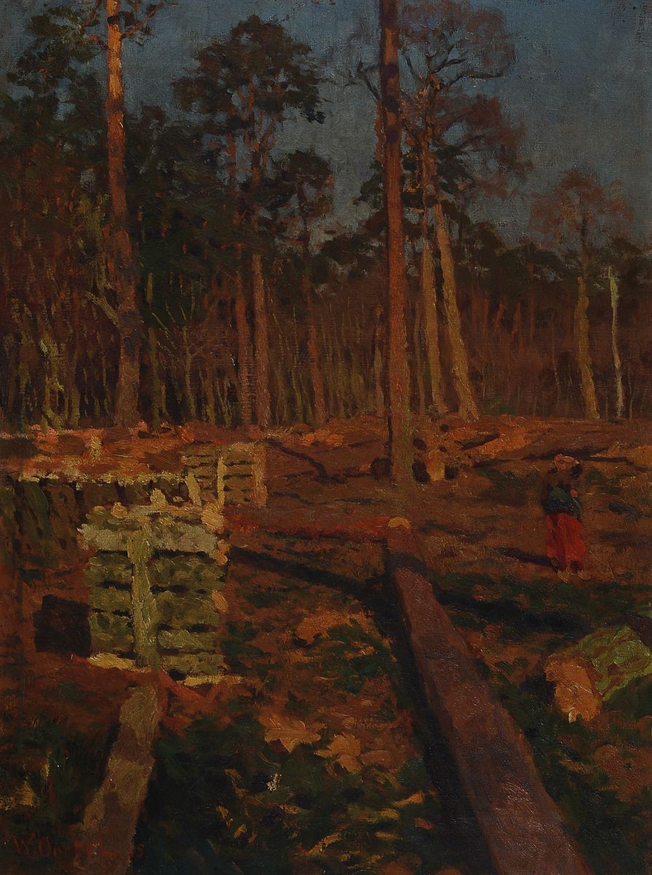 Wilhelm Oertel, 1870 Frankfurt a.M. - 1933 Mannheim, Kiefernwald mit vordergründigem Holzfällerlager im Abendlicht, Staffagefigur u. Holzstapel, ...