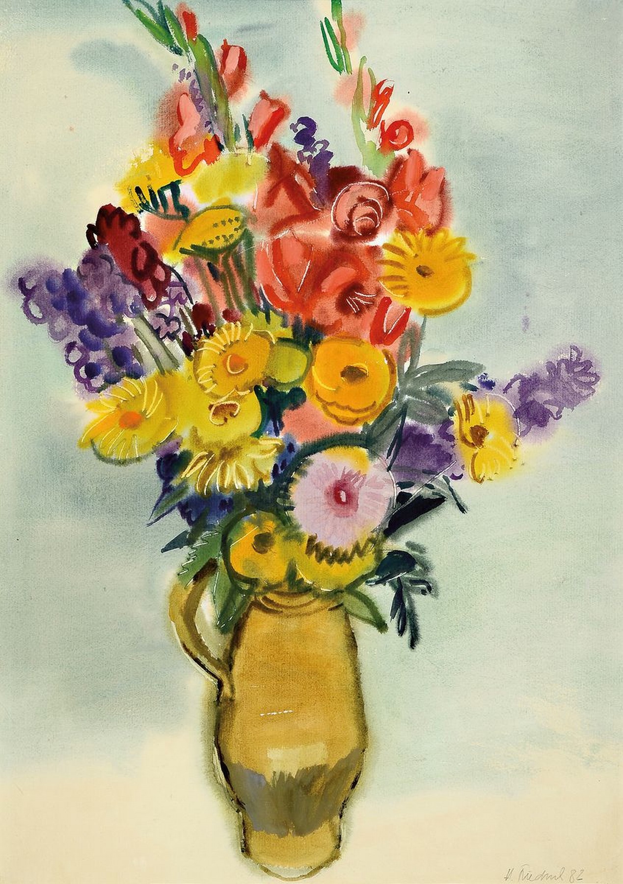 Heinz Friedrich, 1924-2018 Schwetzingen, Doppel-Aquarell auf Papier, Blumenstrauß in irdenem Krug, signiert und dat. 82, Rückseite Blick auf ein ...