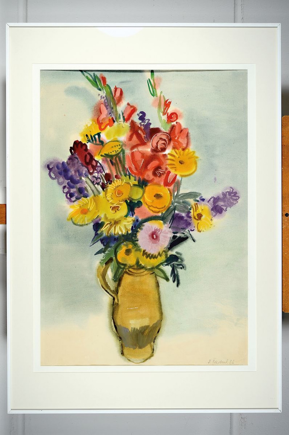 Detail k: Heinz Friedrich, 1924-2018 Schwetzingen, Doppel-Aquarell auf Papier, Blumenstrauß in irdenem Krug, signiert und dat. 82, Rückseite Blick auf ein ...