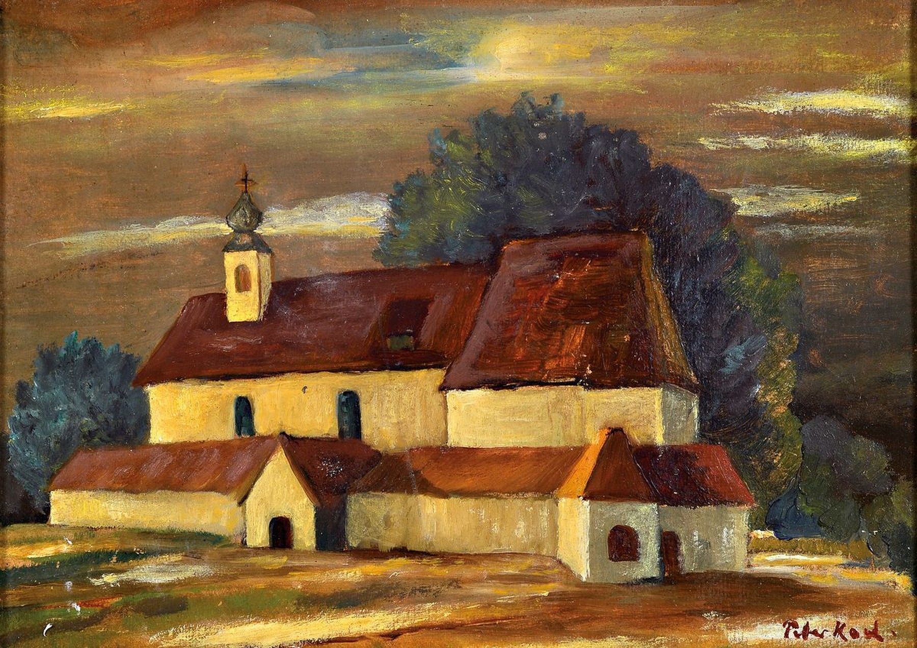 Peter Koch, 1874 Deidesheim-1956 Gimmeldingen, Kapelle auf dem Feld, Öl/ Malkarton, rechts unten signiert, ca. 25x35cm, R. ca. 33x43cm