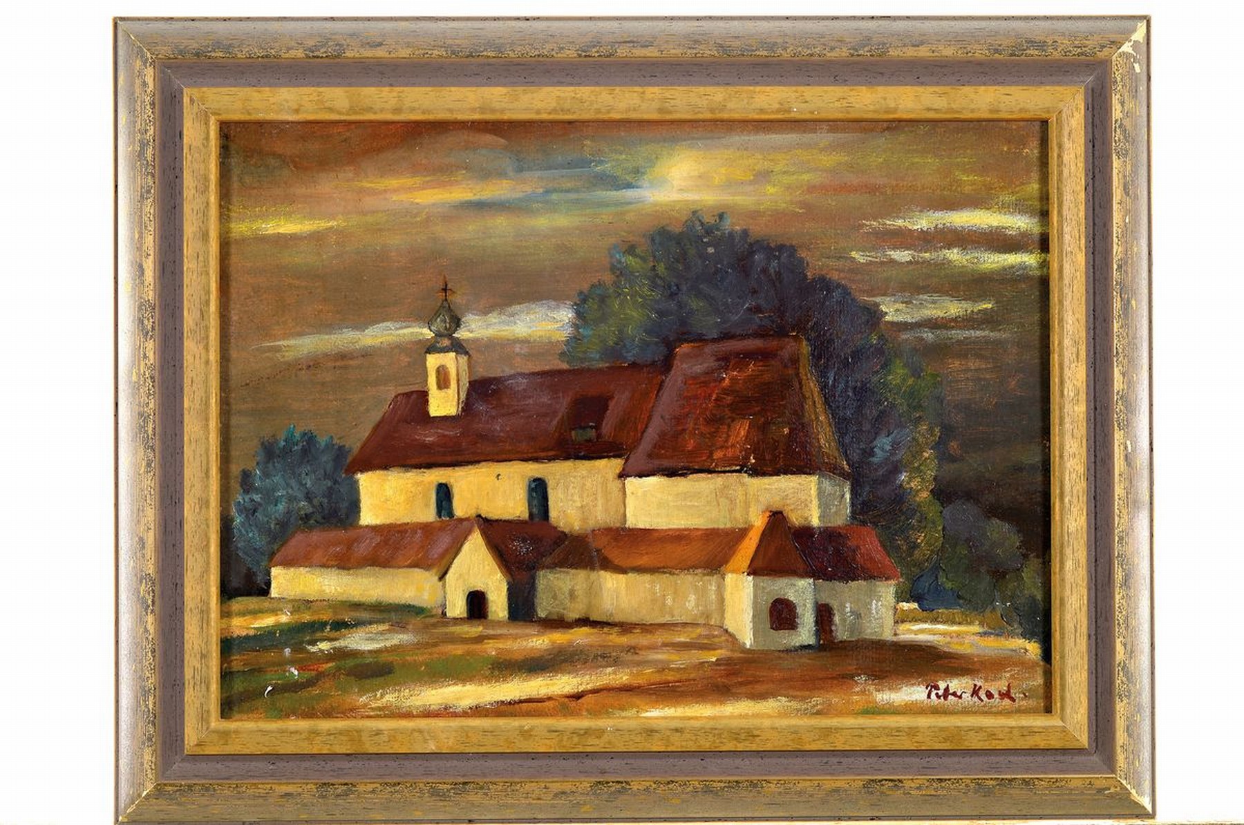 Detail k: Peter Koch, 1874 Deidesheim-1956 Gimmeldingen, Kapelle auf dem Feld, Öl/ Malkarton, rechts unten signiert, ca. 25x35cm, R. ca. 33x43cm