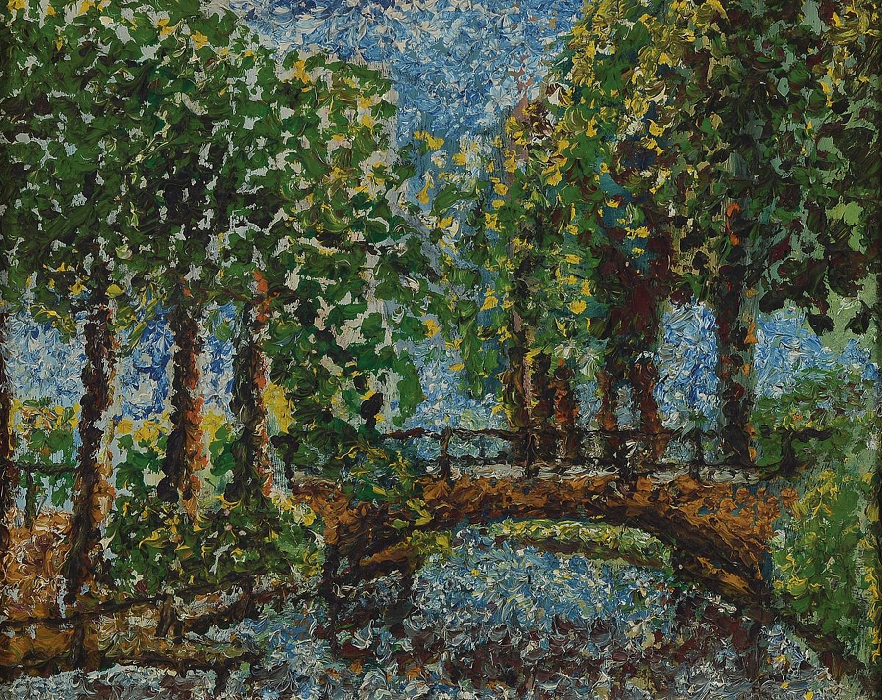 Heinz Reiss, 1923-2012 Haßloch, Am Rehbach, Öl/Malkarton, pointillistische Malweise, rückseitig betitelt und bezeichnet, ca. 25x30cm, R. ca. ...