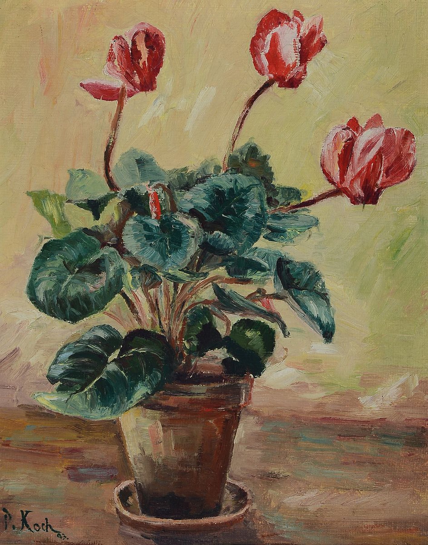 Peter Koch, 1874 Deidesheim-1956 Gimmeldingen, Alpenveilchen, Öl/Malkarton, links unten signiert, ca. 45x35cm, R. ca. 58x48cm