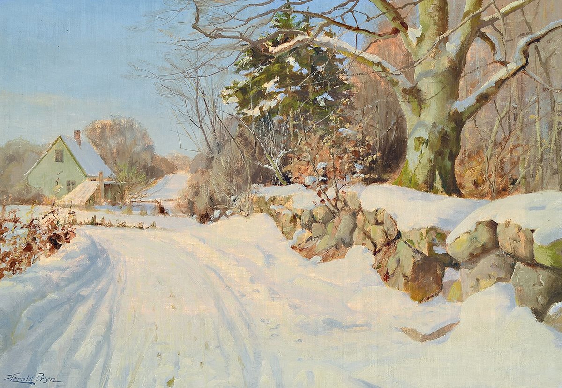 Harald Julius Niels Pryn, 1891 Frederiksberg- 1968 Bagsvaerd, dänischer Landschaftsmaler, hier: verschneite Winterlandschaft, im Hintergrund ...
