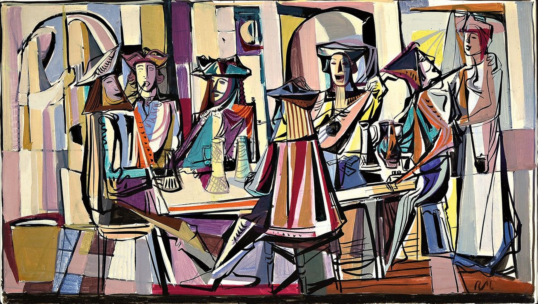 Rolf Müller-Landau, 1903 Kayingchow-1956 Bad Bergzabern, Ritterliches Festmahl, Gouache auf Papier, monogr., ca. 53x92cm, PP, R. ca. 86x126cm
