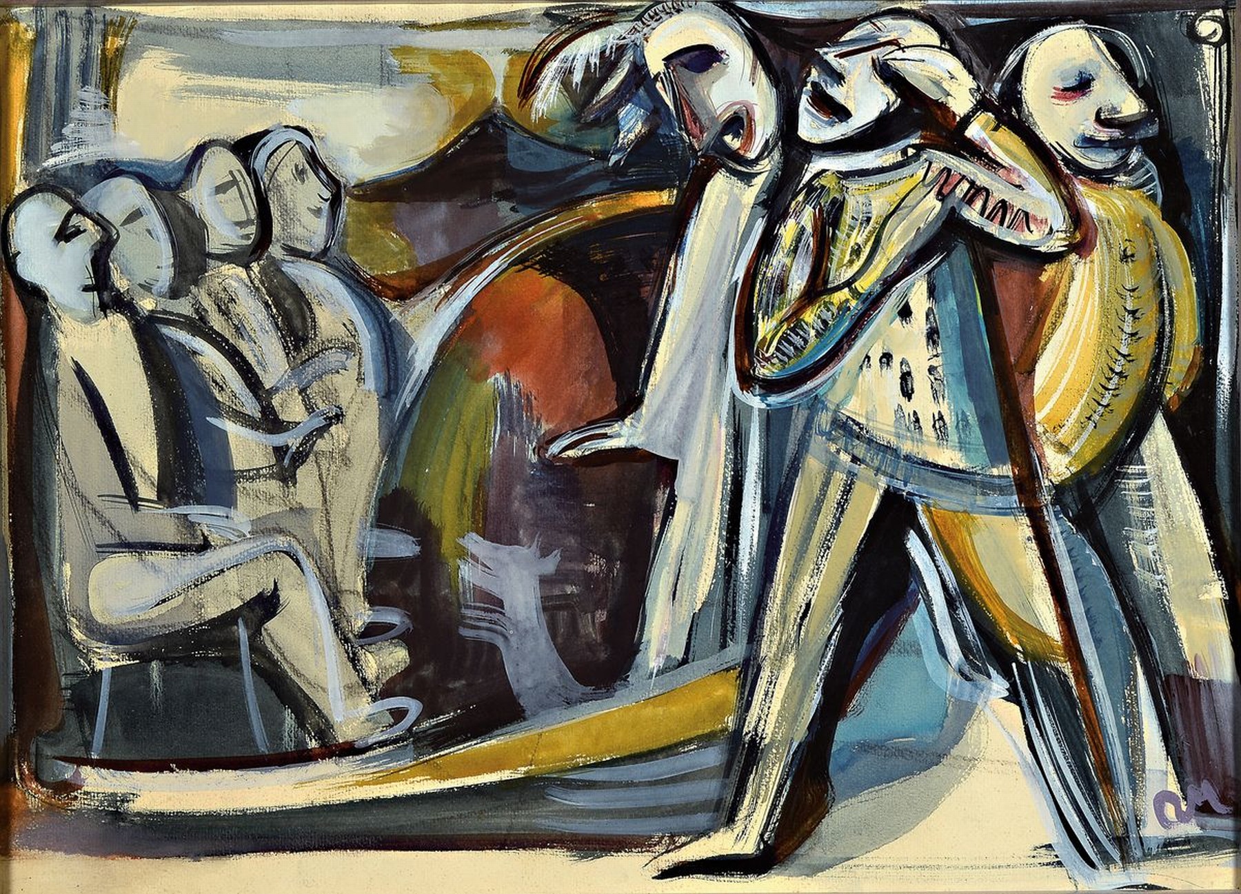 Rolf Müller-Landau, 1903 Kayingchow-1956 Bad Bergzabern, Im Theater, Gouache auf Papier, monogr., ca. 45x63cm, u.Gl., R. ca. 55x73cm