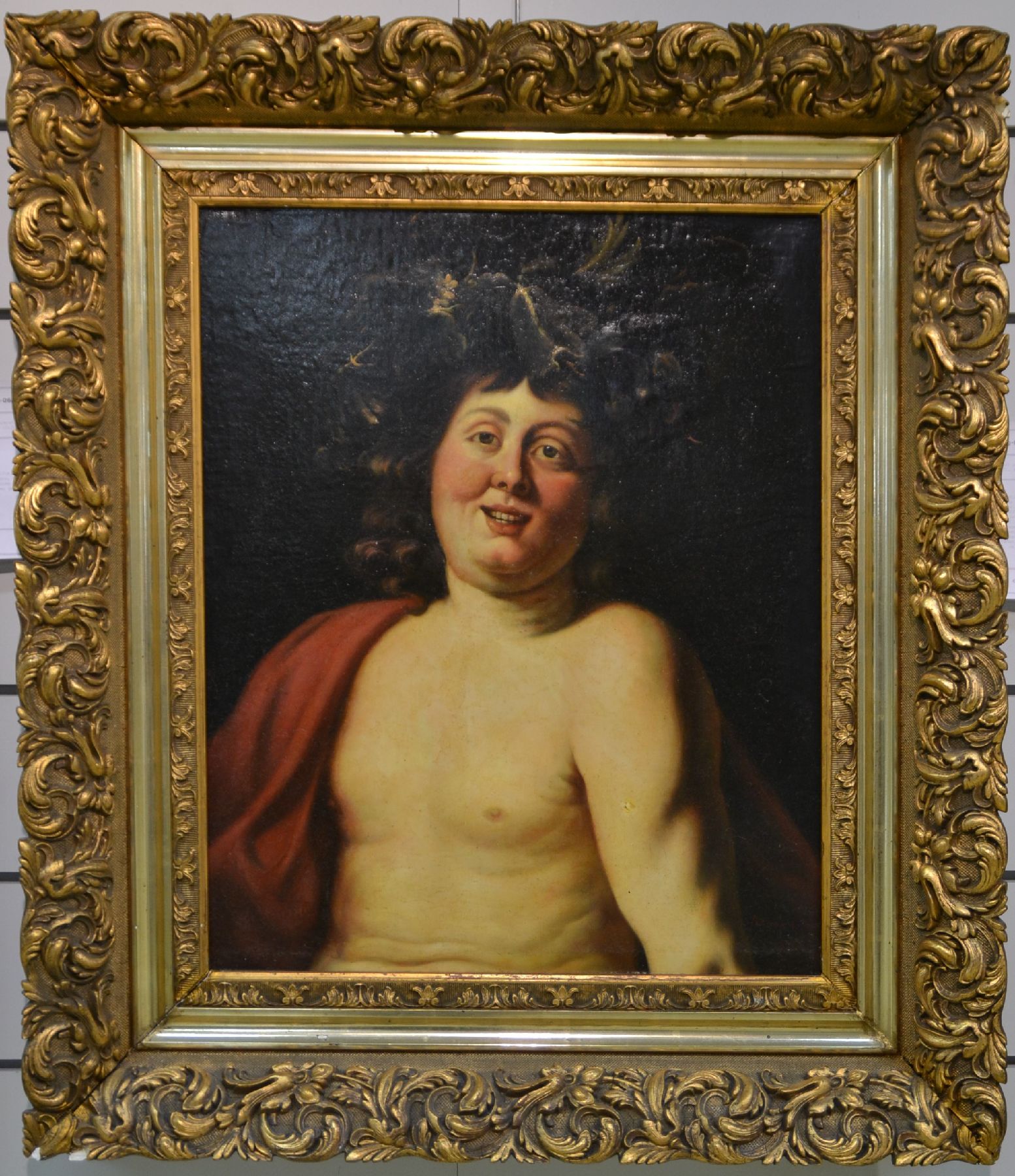 Detail d: Rénard, Maler der 2. Hälfte des 19. Jh., Halbporträt eines Dionysos, Öl/Lwd, rest., doubl., rechts unten signiert, ca. 60x50cm, goldfarbener ...
