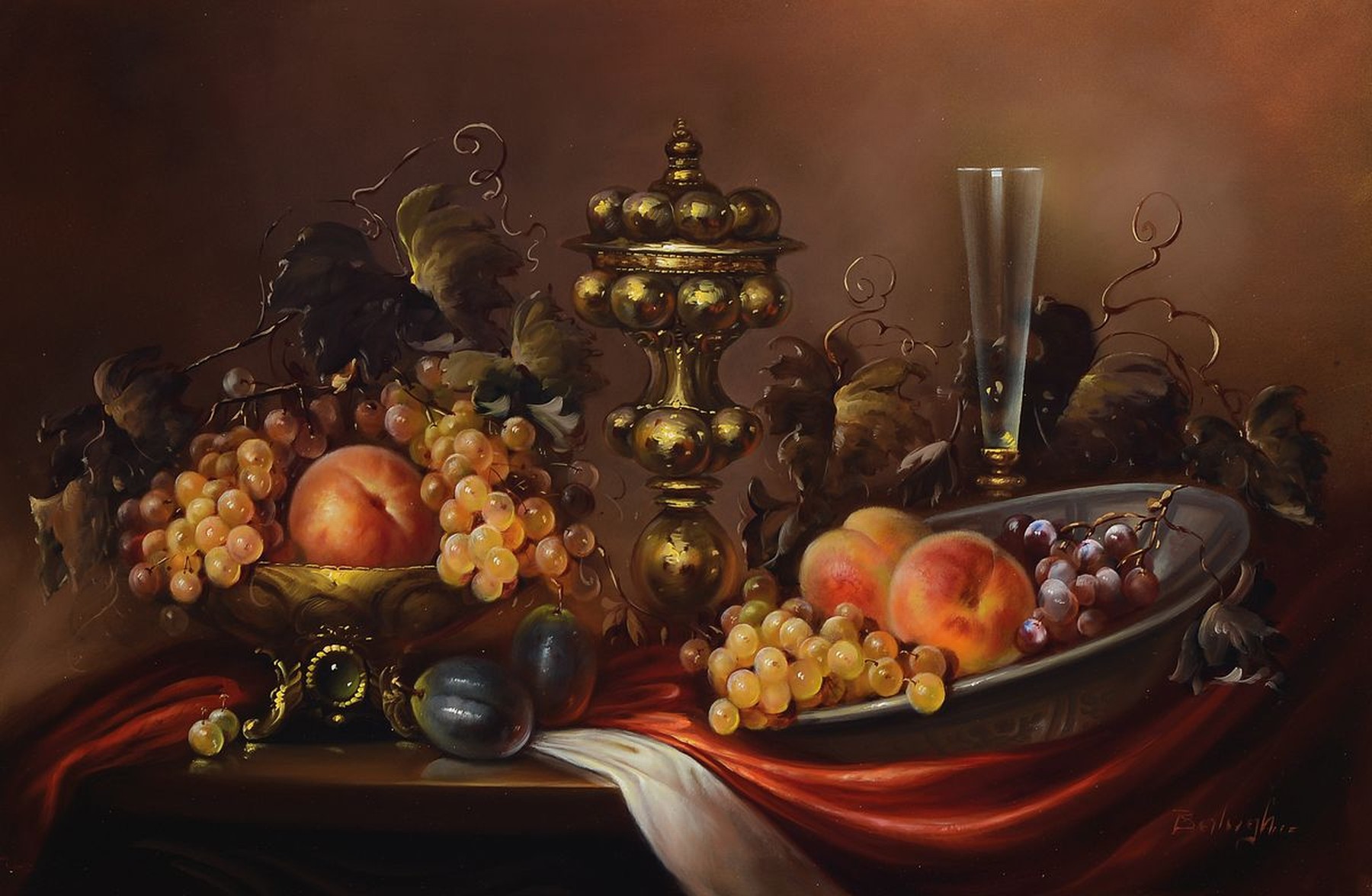 Balogh, ungarischer Maler, geb. 1922, üppiges Stillleben mit Obst und Zinn im Stil der alten Meister, feine lasierende Malerei, Öl/Holz, rechts ...