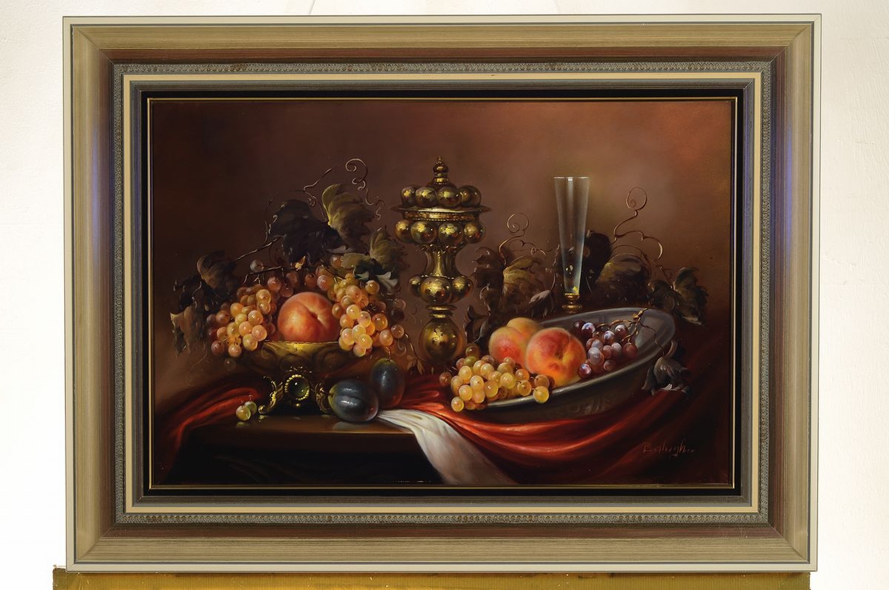 Detail k: Balogh, ungarischer Maler, geb. 1922, üppiges Stillleben mit Obst und Zinn im Stil der alten Meister, feine lasierende Malerei, Öl/Holz, rechts ...