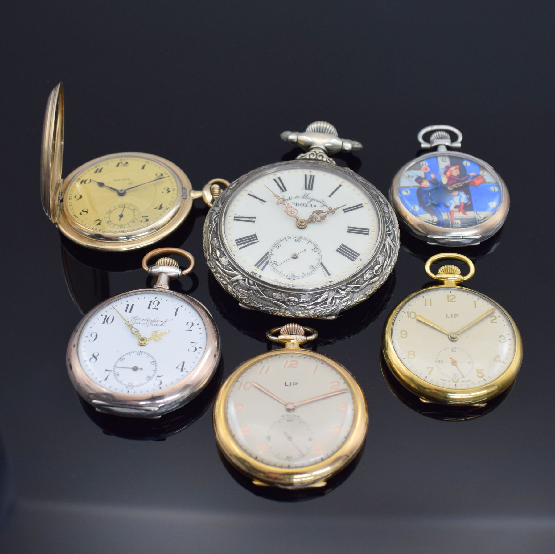 5 offene und 1 Savonette Herrentaschenuhr, Schweiz/Deutschland/Frankreich um 1900-1952, z. T. namhafte Hersteller, teils verg. & silb. Geh. dell., ...