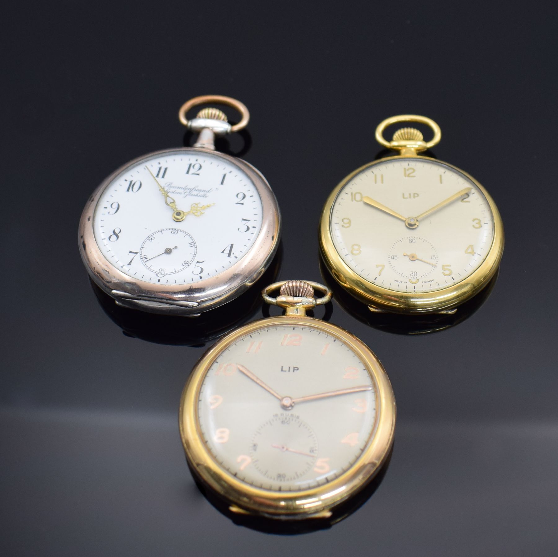 Detail a: 5 offene und 1 Savonette Herrentaschenuhr, Schweiz/Deutschland/Frankreich um 1900-1952, z. T. namhafte Hersteller, teils verg. & silb. Geh. dell., ...