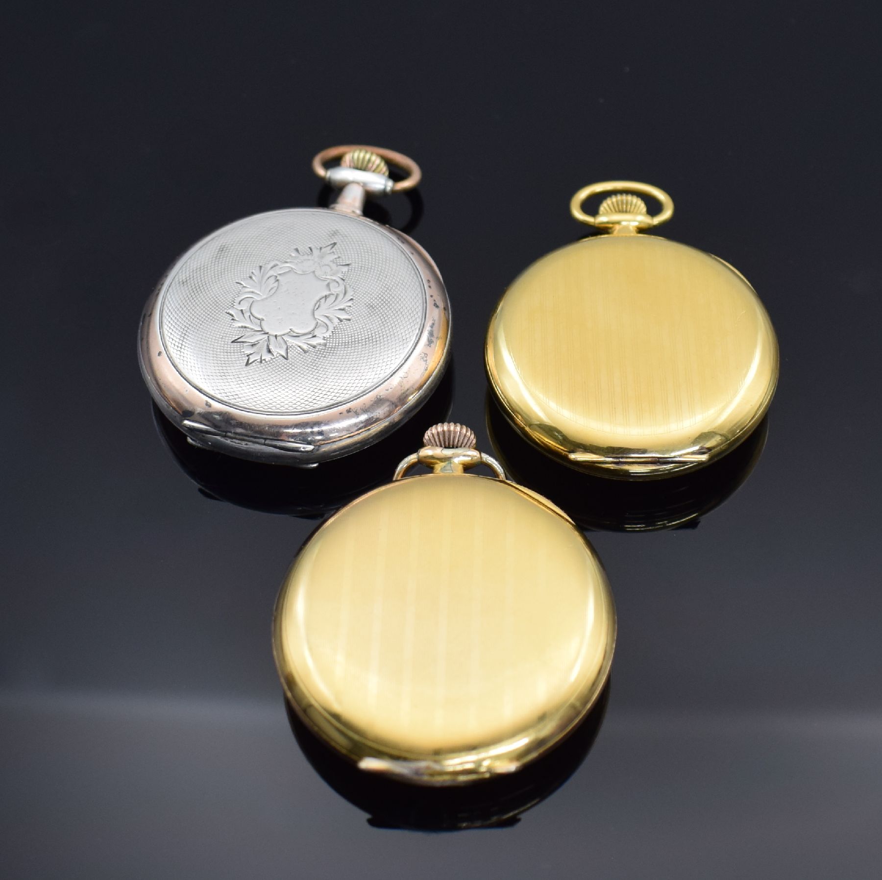 Detail b: 5 offene und 1 Savonette Herrentaschenuhr, Schweiz/Deutschland/Frankreich um 1900-1952, z. T. namhafte Hersteller, teils verg. & silb. Geh. dell., ...