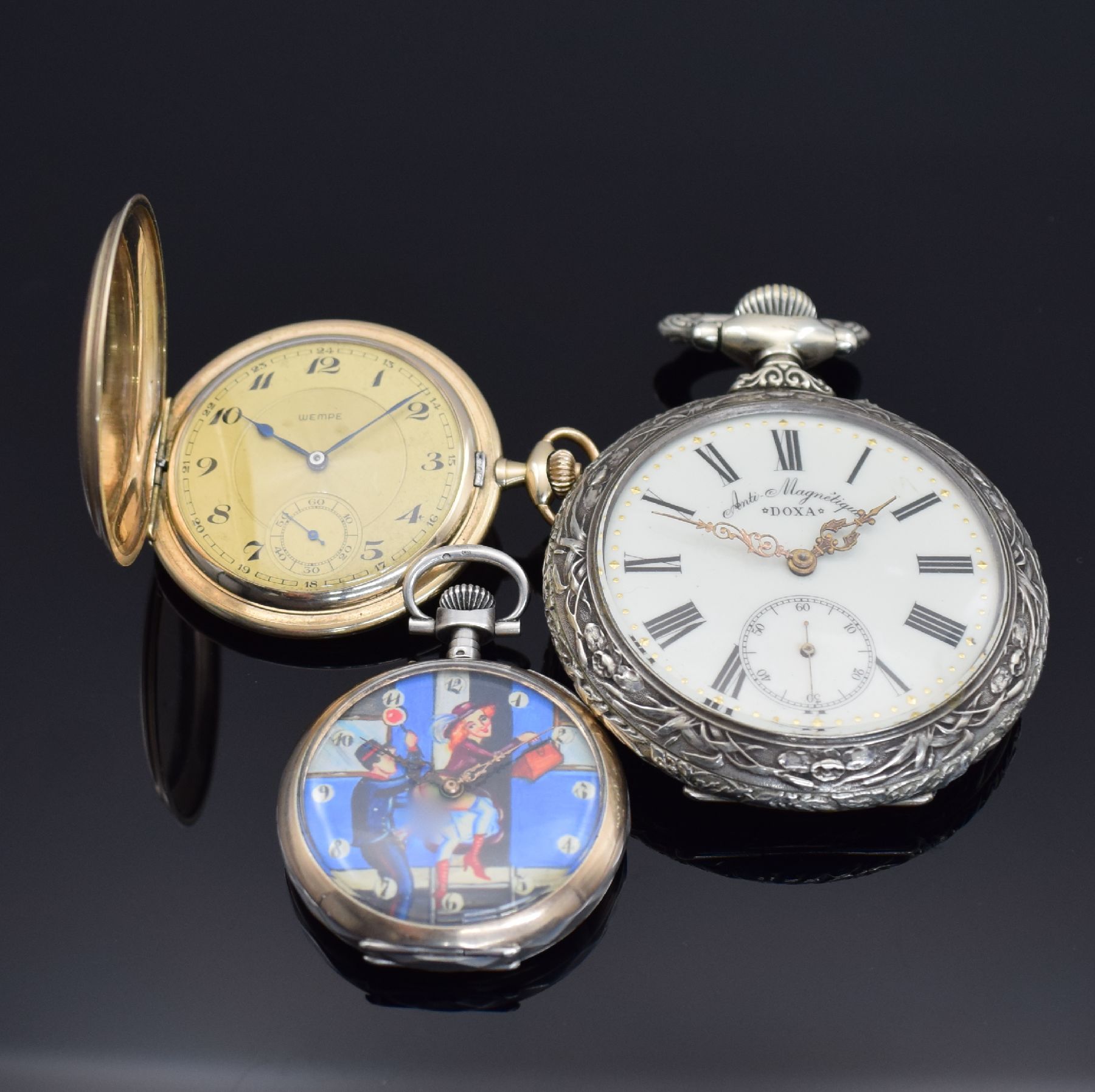Detail d: 5 offene und 1 Savonette Herrentaschenuhr, Schweiz/Deutschland/Frankreich um 1900-1952, z. T. namhafte Hersteller, teils verg. & silb. Geh. dell., ...