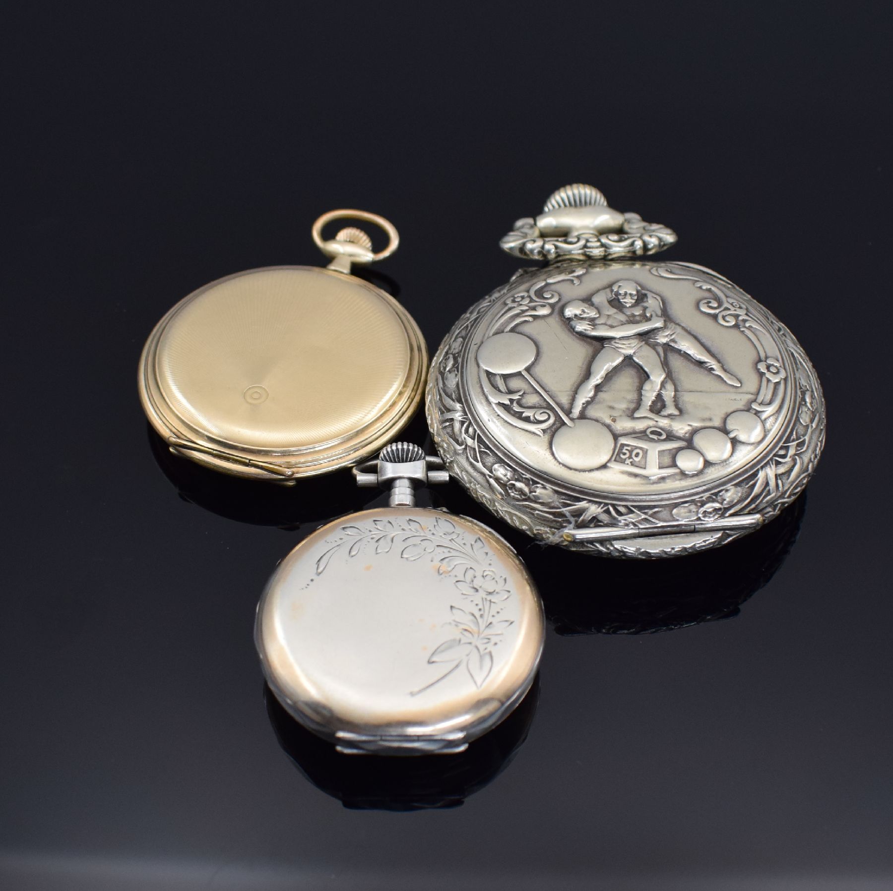 Detail e: 5 offene und 1 Savonette Herrentaschenuhr, Schweiz/Deutschland/Frankreich um 1900-1952, z. T. namhafte Hersteller, teils verg. & silb. Geh. dell., ...