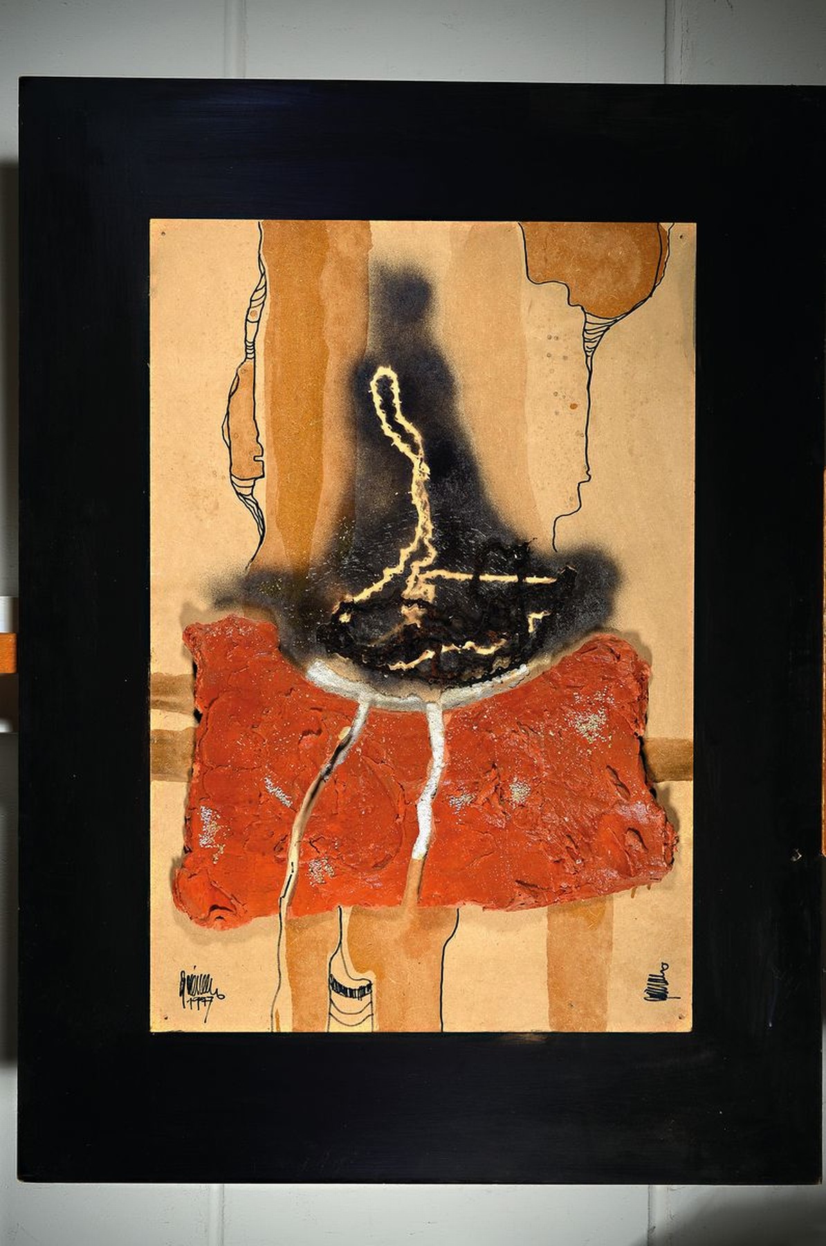 Detail k: Werner Balthasar Griemann, geb. 1942 Wallern/Österreich, "Kollage Negev", Assemblage, Keramik u. gebrauchte Fahrradketteauf Malplatte, ...