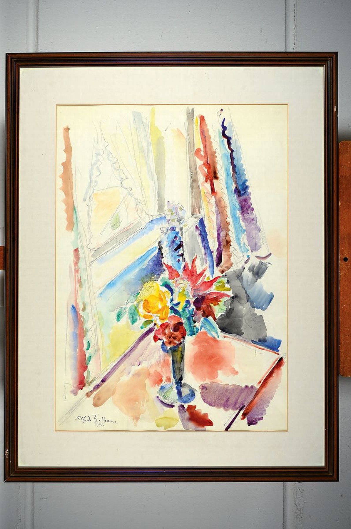 Detail k: Alfredo Beltrame, 1901-1996, Blumen am Fenster, Aquarell auf Papier, links unten signiert und dat. 1985, ca. 68x49 cm, PP, u.Gl., R. ca. 90x70cm