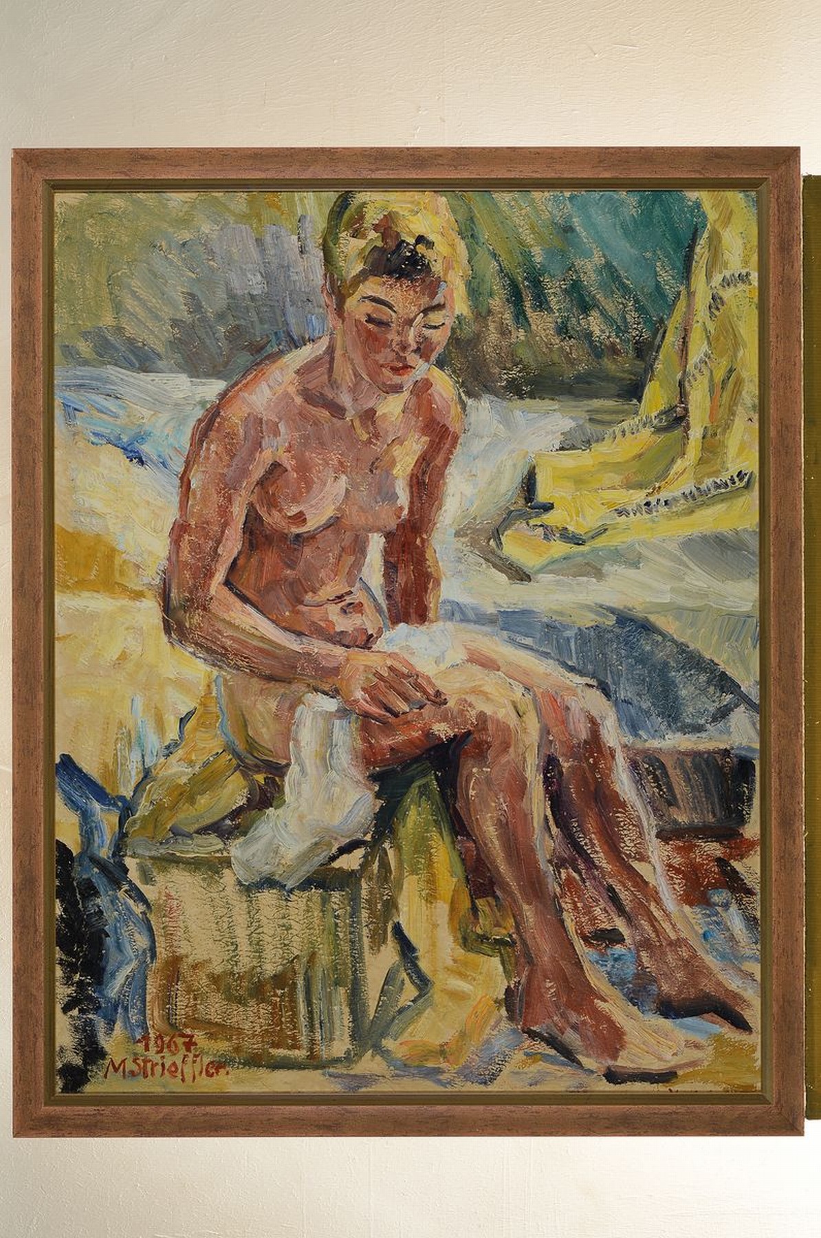 Detail k: Marie Strieffler, 1917-1987 Landau, Sitzender Akt am Ufer, verso bez. "Akt im Gegenlicht", Öl/Lwd, links unten signiert und at. 1967, ca. ...