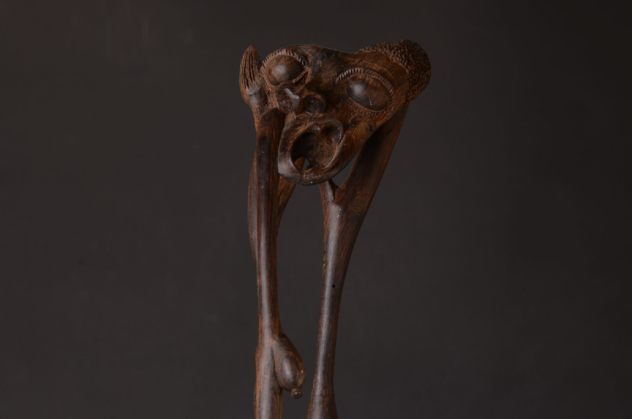Detail a: Chanuo Maundu, 2.H.20.Jh., Bildschnitzer derMakonde, kleiner Shetani, Ahnenbaum, Darst. spielender Erdgeister, Hartholz vollplastisch geschnitzt, ...