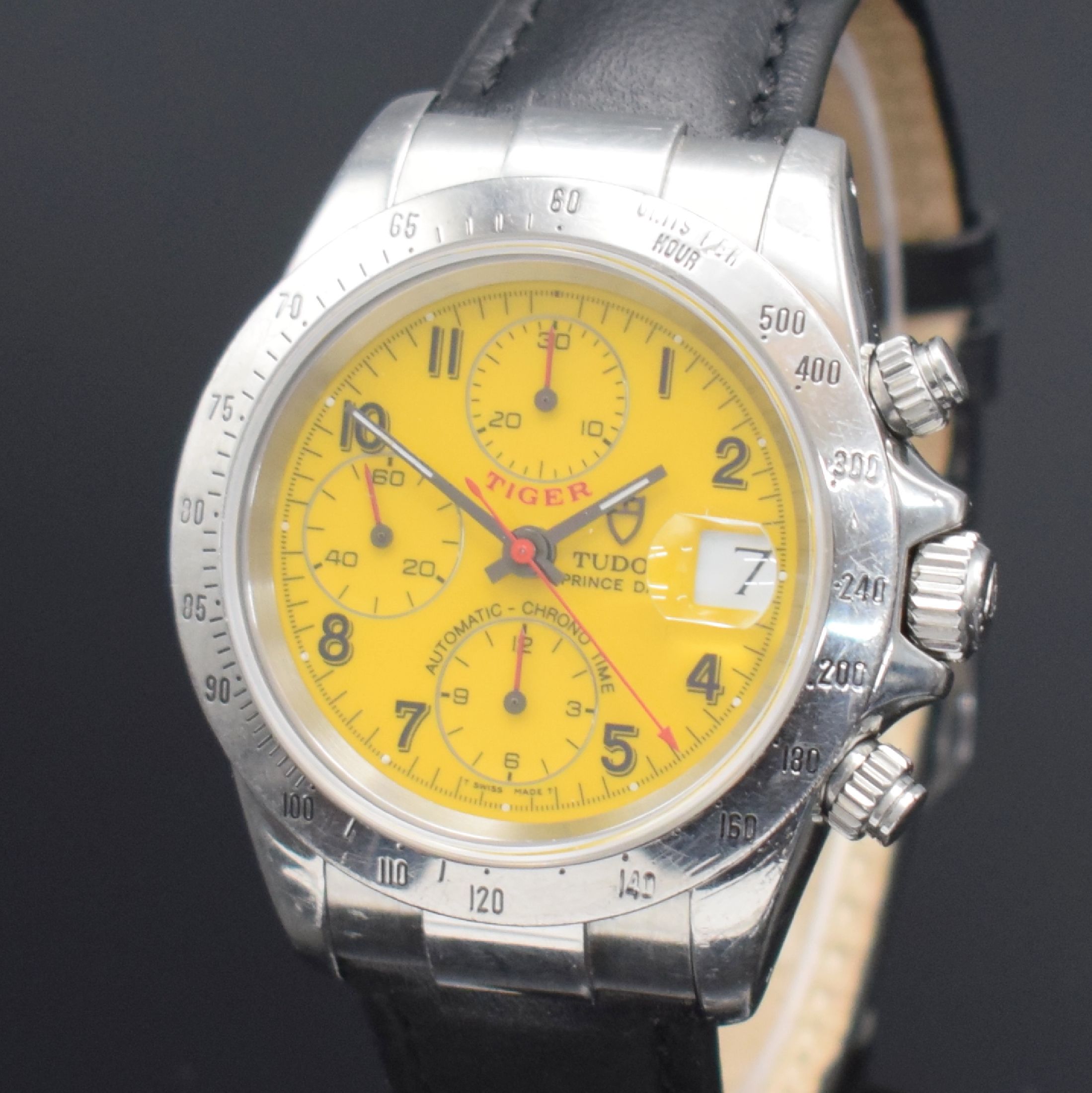Detail c: TUDOR Tiger Armbandchronograph in Stahl Referenz 79280P mit gelbem Zifferblatt, Schweiz um 1998, Automatik, verschr. Oystergeh., Boden m. Gravur ...