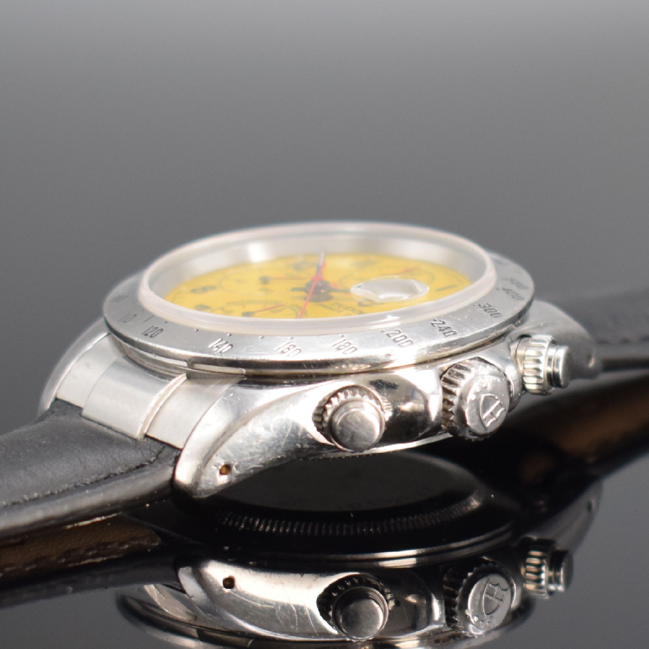 Detail d: TUDOR Tiger Armbandchronograph in Stahl Referenz 79280P mit gelbem Zifferblatt, Schweiz um 1998, Automatik, verschr. Oystergeh., Boden m. Gravur ...