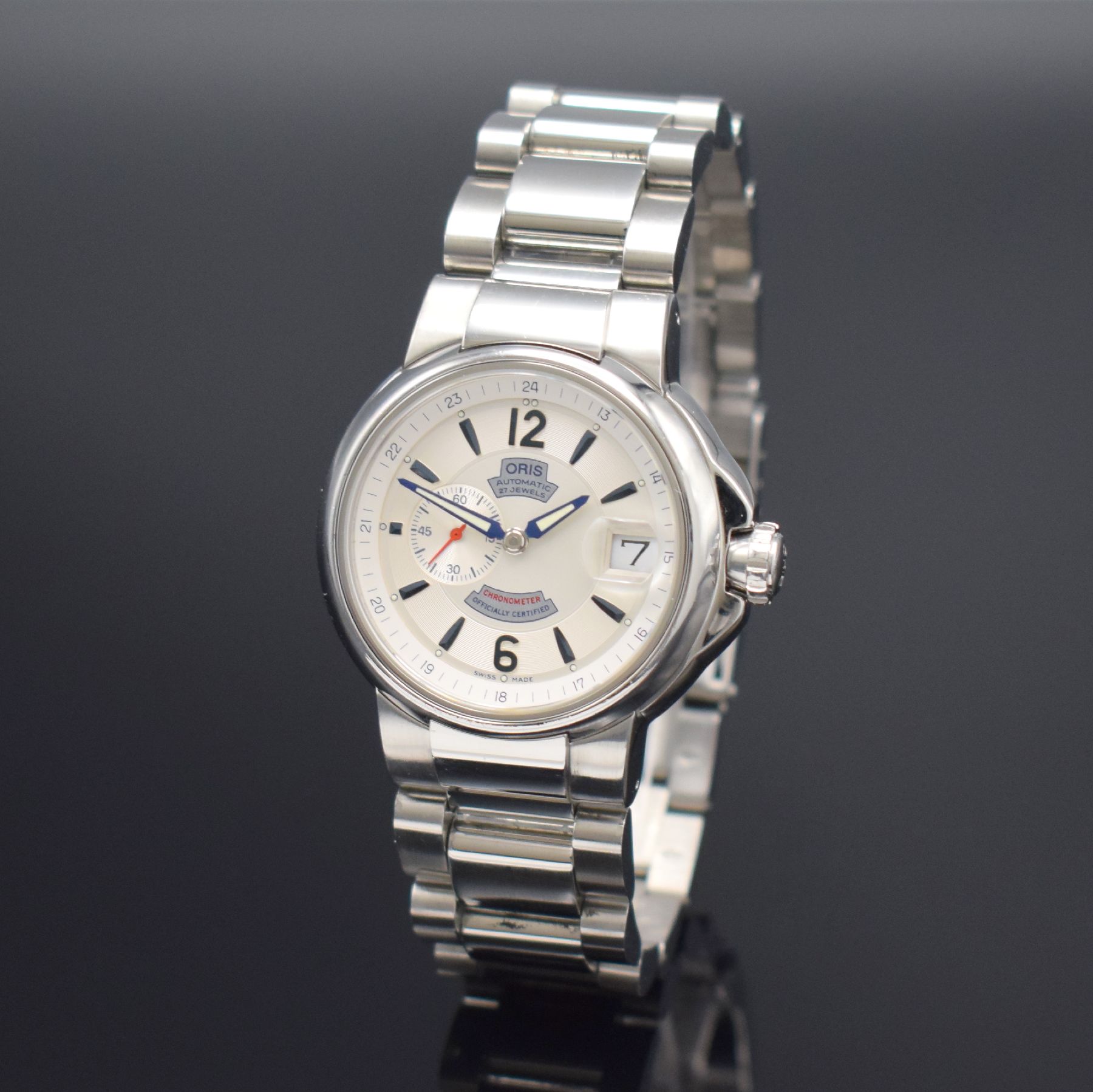 Detail b: ORIS Chronometer Herrenarmbanduhr Referenz 7496, Schweiz um 2015, Automatik, verschr. beids. vergl. Edelstahlgeh. inkl. orig. Gliederband m. ...