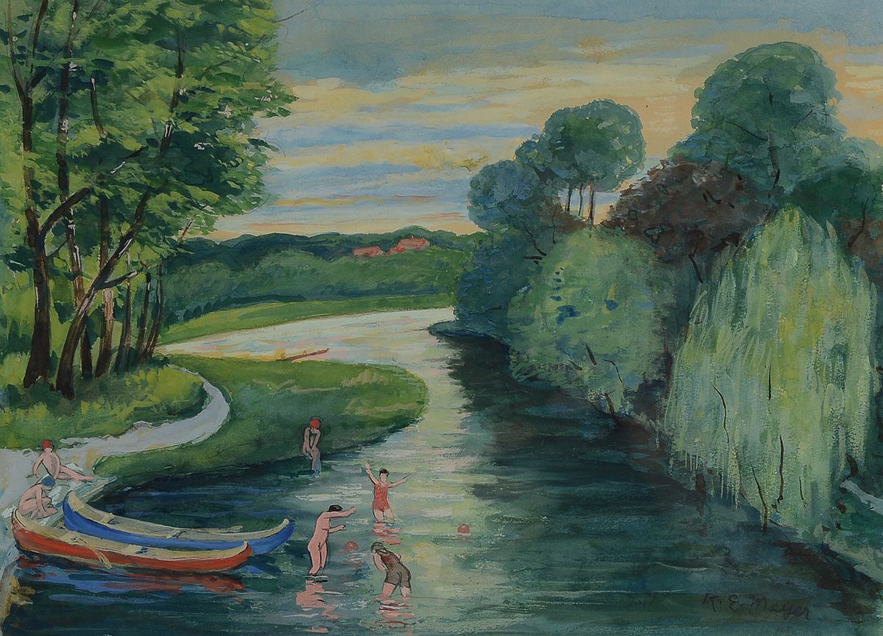 Karl Emil Meyer, geb. 1870 Berlin, Badende am Fluss, Gouache auf Papier, rechts unten signiert, ca. 24x33cm, PP, u.Gl., R. ca. 43x53cm, dieser besch.