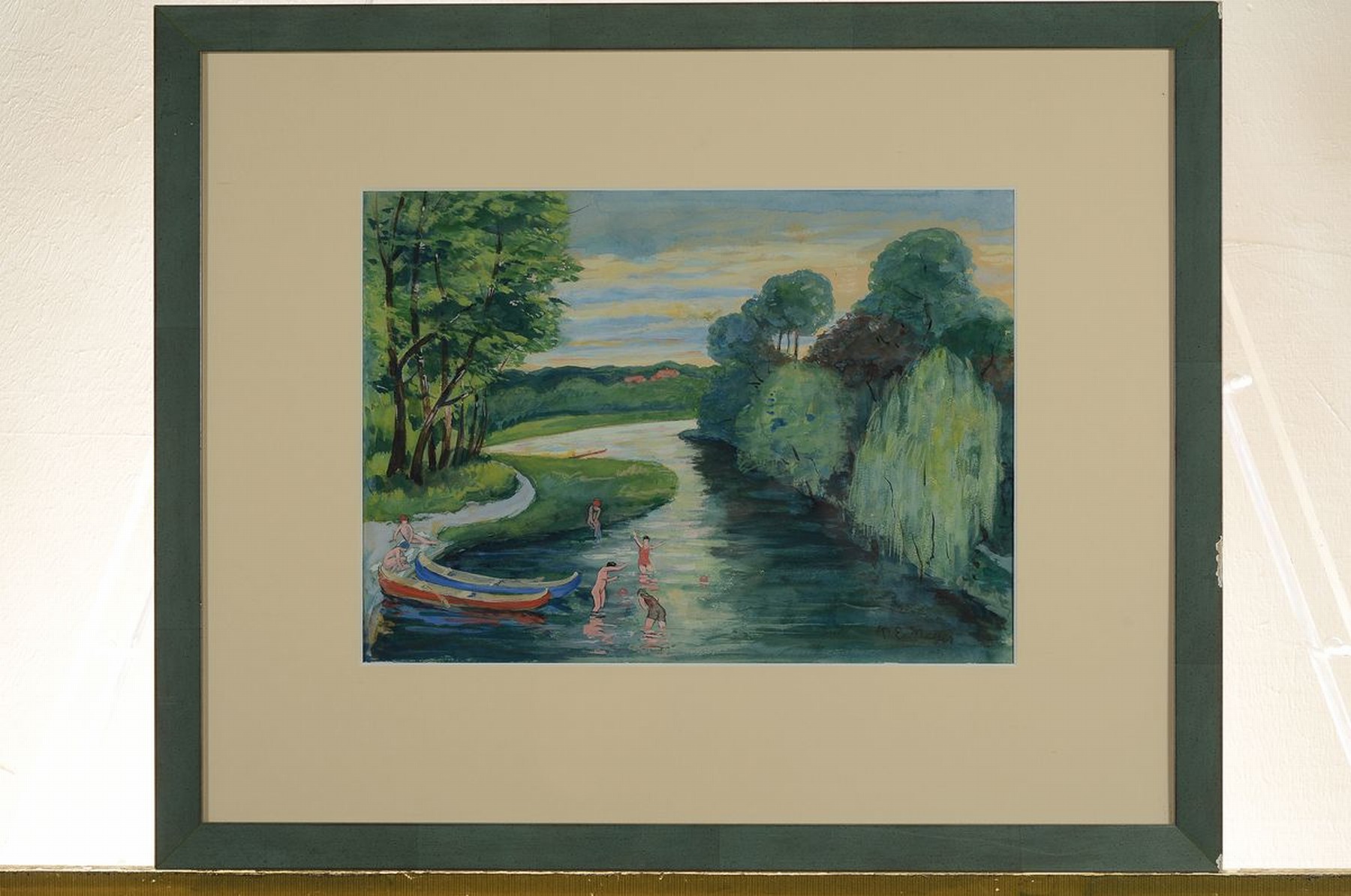 Detail k: Karl Emil Meyer, geb. 1870 Berlin, Badende am Fluss, Gouache auf Papier, rechts unten signiert, ca. 24x33cm, PP, u.Gl., R. ca. 43x53cm, dieser besch.