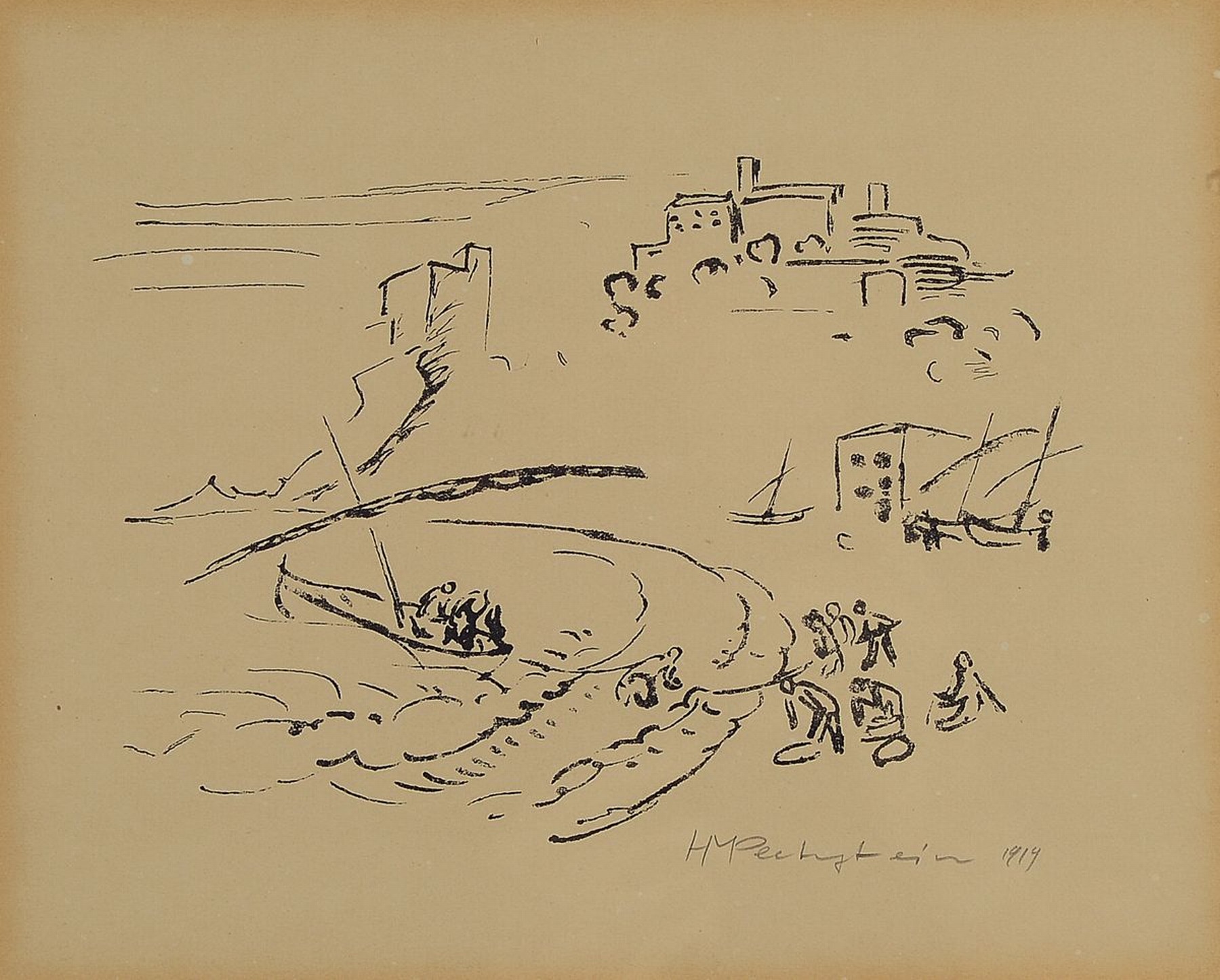 Hermann Max Pechstein, 1881-1955, Einholen des Bootes, Lithographie von 1919, rechts unten handsigniert und dat., leicht gebräunt, Bildausschnitt ...