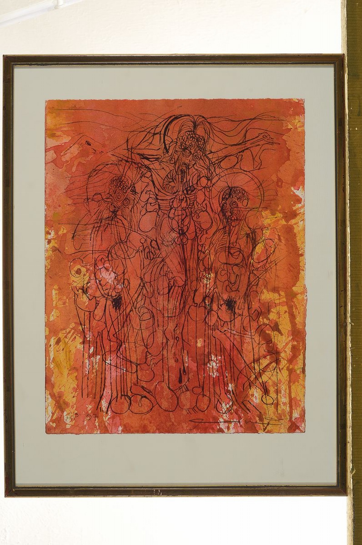 Detail k: Hermann Nitsch, geb. 1938, Kreuzigungsszene, Farblithographie, rechts unten handsigniert, ca. 29x22.5cm, u.Gl., R. ca. 38x29cm