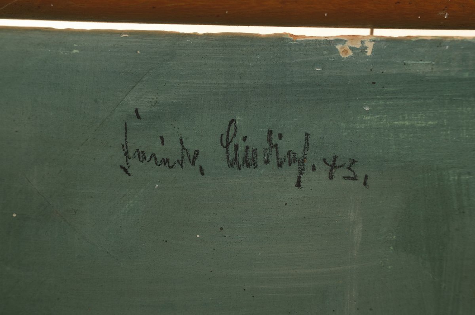 Detail a: Friedrich Einhoff, 1901 Baven-1988 Soltau, Stillleben mit Figur, Kanne, Putto, Kerzenleuchter, Uhr und Buch, Öl/Malkarton, links unten restauriert, ...