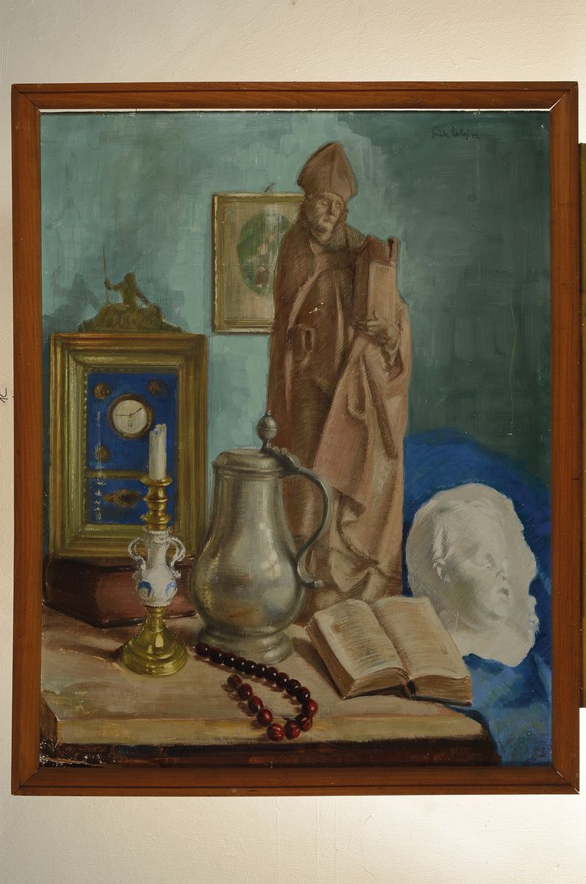 Detail k: Friedrich Einhoff, 1901 Baven-1988 Soltau, Stillleben mit Figur, Kanne, Putto, Kerzenleuchter, Uhr und Buch, Öl/Malkarton, links unten restauriert, ...
