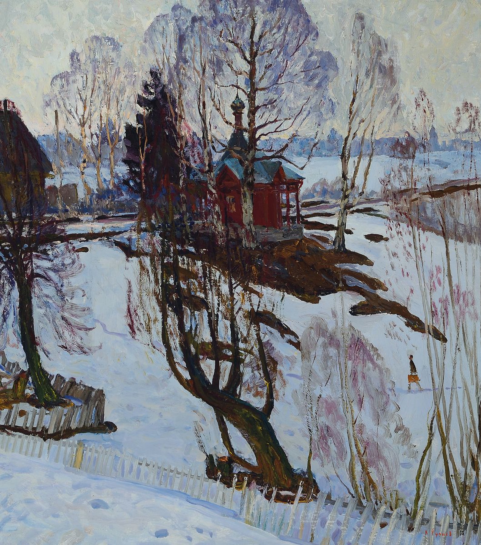 Leonid I. Rudnev, geb. 1938, Maler aus Kursk , Studium am Kunst- u. Grafikkolleg Kursk u.am Kharkov Art Institute, Verschneite Winterlandschaft, ...