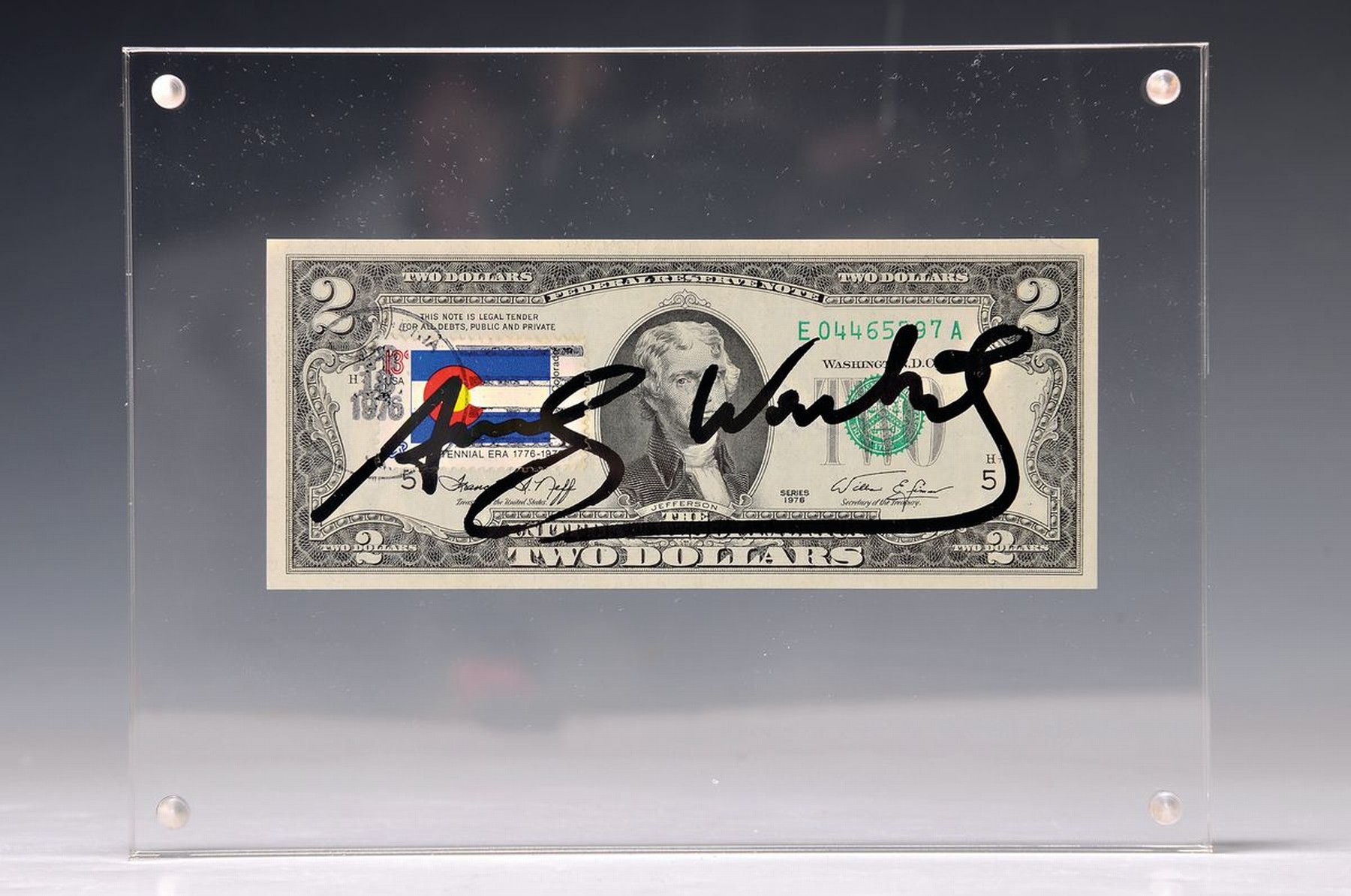 Andy Warhol, 1928-1987, "2 Dollars (Thomas Jefferson)" Seriennr. E04465797A, 1976, Briefmarke u. US-Post-Stempel (13.April 1976),Vorder- u. ...