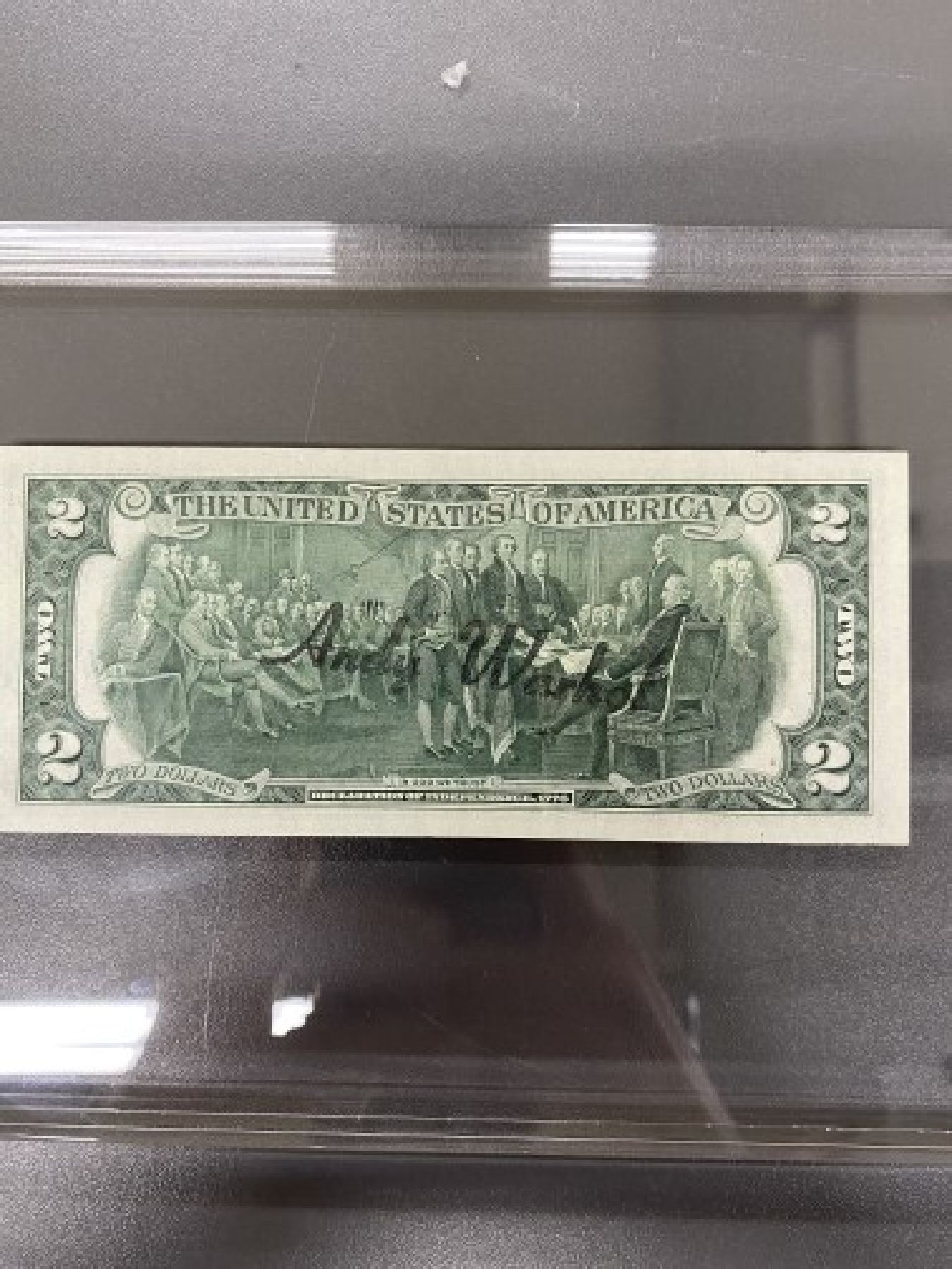 Detail a: Andy Warhol, 1928-1987, "2 Dollars (Thomas Jefferson)" Seriennr. E04465797A, 1976, Briefmarke u. US-Post-Stempel (13.April 1976),Vorder- u. ...