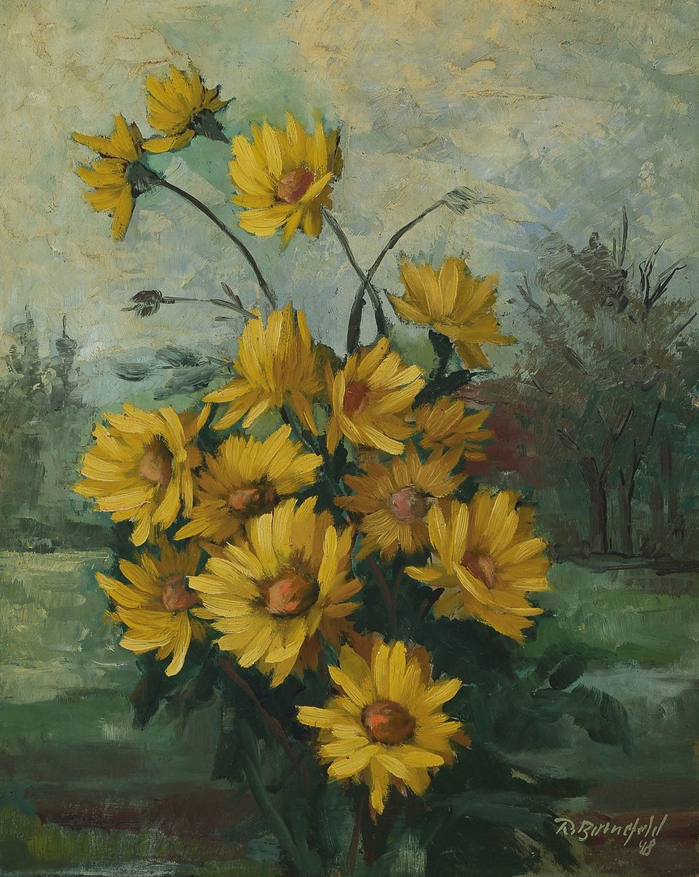 H. Bornfeld, Künstler des 20.Jh., Stillleben mit gelben Margeriten in Parklandschaft, verso auf Etikett bez., rechts unten signiert u. datiert ...