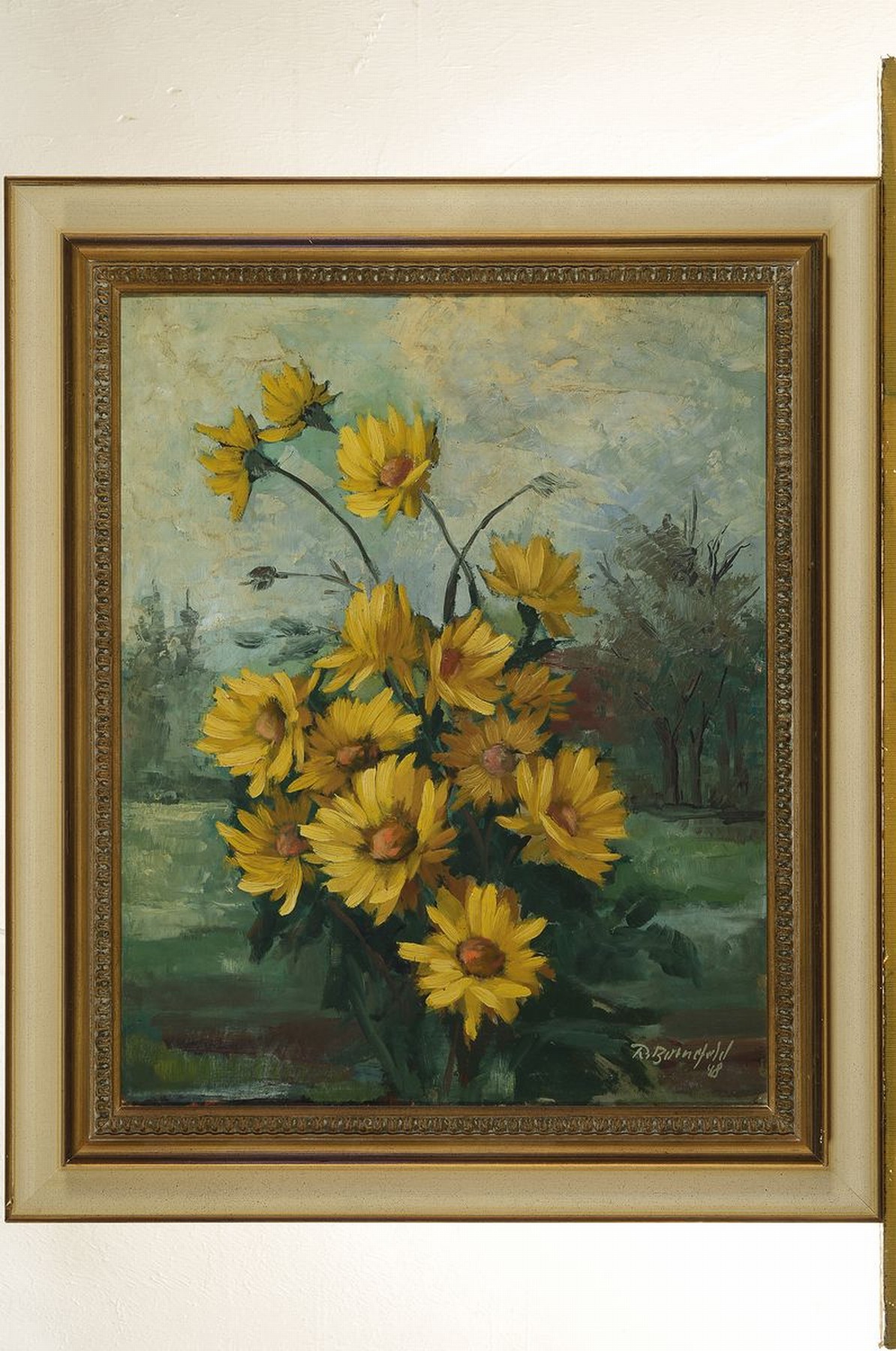 Detail k: H. Bornfeld, Künstler des 20.Jh., Stillleben mit gelben Margeriten in Parklandschaft, verso auf Etikett bez., rechts unten signiert u. datiert ...