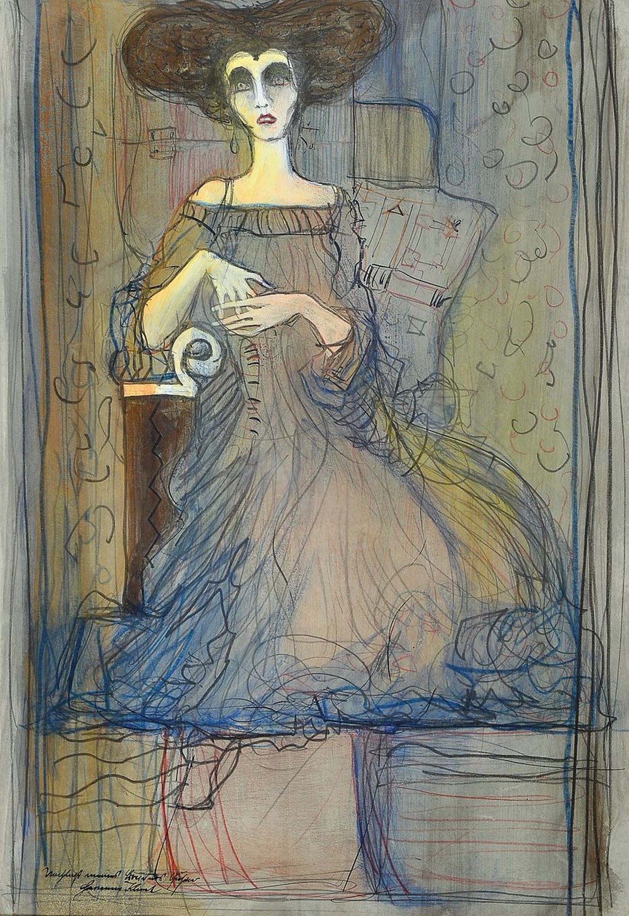 Hermann Klimt, Künstler des 20.Jh., Zeichnung, Mischtechnik, surrealistisches Damenporträt, unter Glas gerahmt, ca. 39x27 cm
