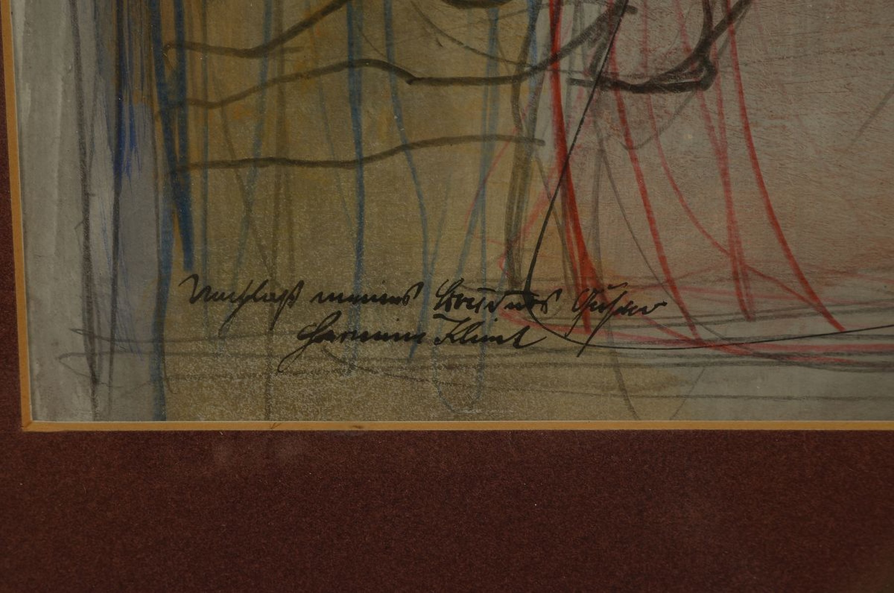 Detail a: Hermann Klimt, Künstler des 20.Jh., Zeichnung, Mischtechnik, surrealistisches Damenporträt, unter Glas gerahmt, ca. 39x27 cm