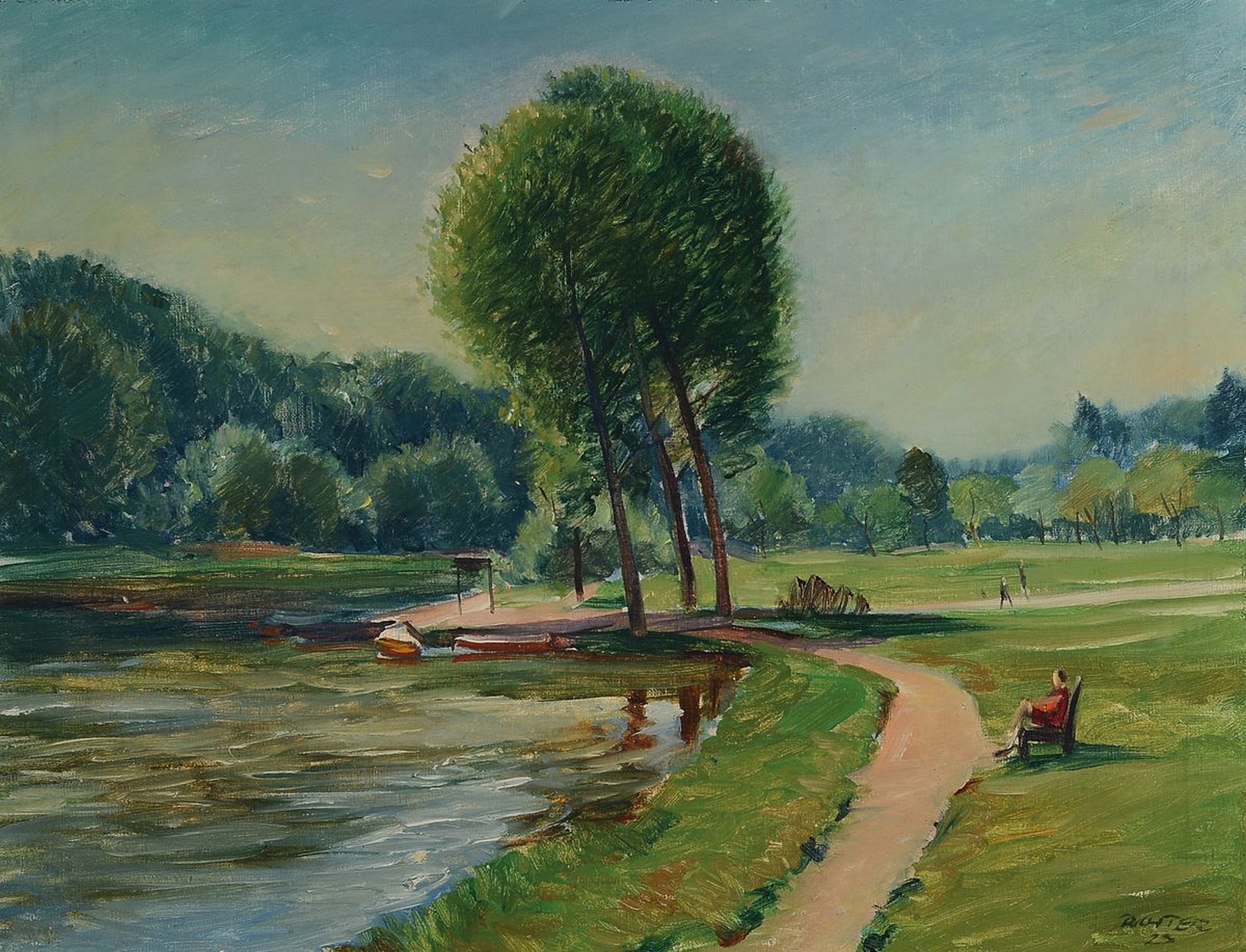 Richter, Künstler des 20.Jh., Parklandschaft mit Spaziergängern am Fluss, Öl/Lwd, rechts unten signiert u. datiert 23, rest., R., ca. 67x81 cm