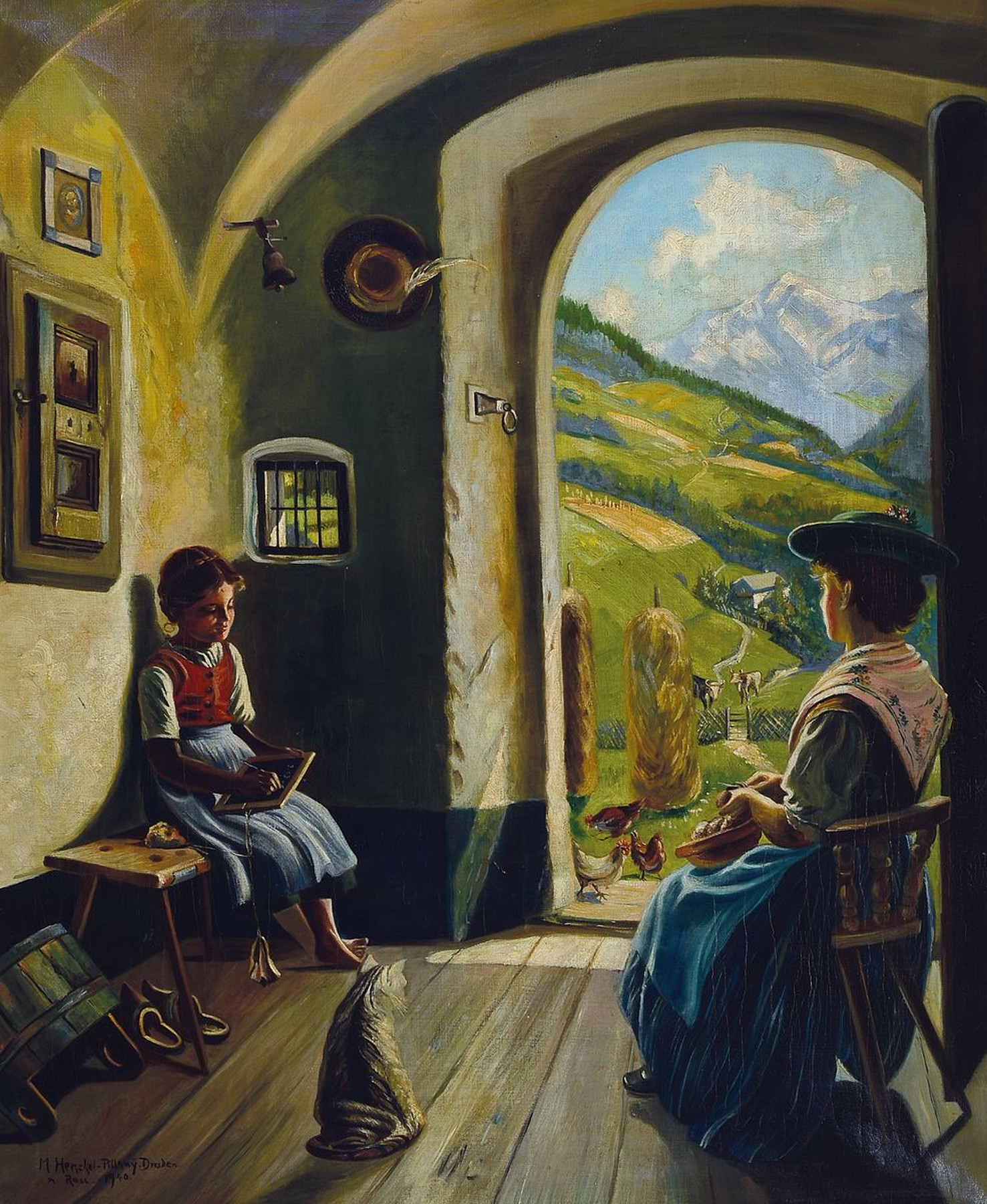 Marta Henckel-Pillnay, Künstlerin aus Dresden,datiert 1940, Kopie nach Emil Rau, Mutter und Tochter in der Stube, durch die geöffnete Tür Blick in ...