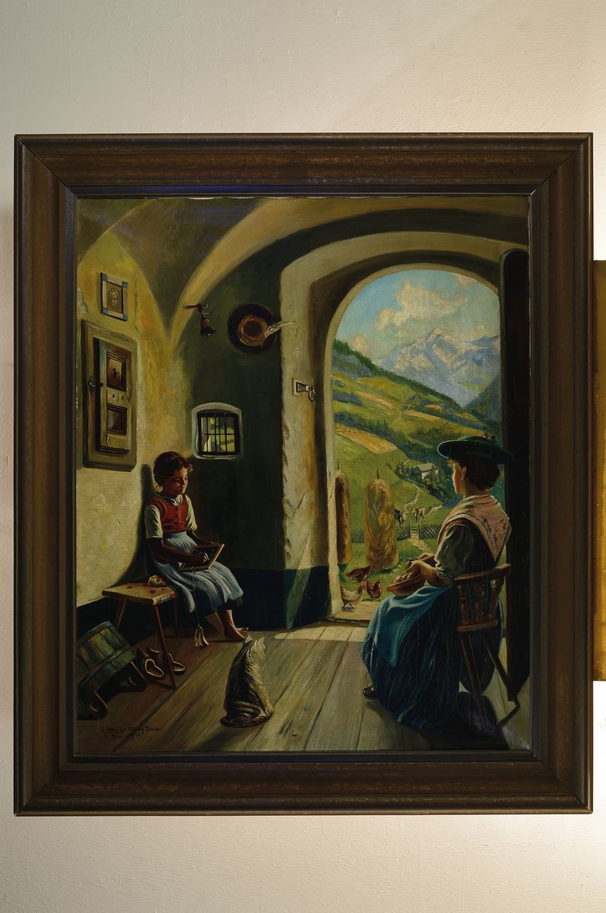 Detail k: Marta Henckel-Pillnay, Künstlerin aus Dresden,datiert 1940, Kopie nach Emil Rau, Mutter und Tochter in der Stube, durch die geöffnete Tür Blick in ...