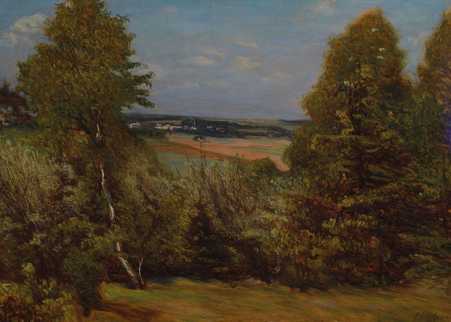 Albin Schlehan, geb. 1870 Eichigt im Vogtland, war ansässig in Plauen, hier: Sommerliche Landschaft mit Blick auf ein Dorf, Öl/Malkarton, rechts ...