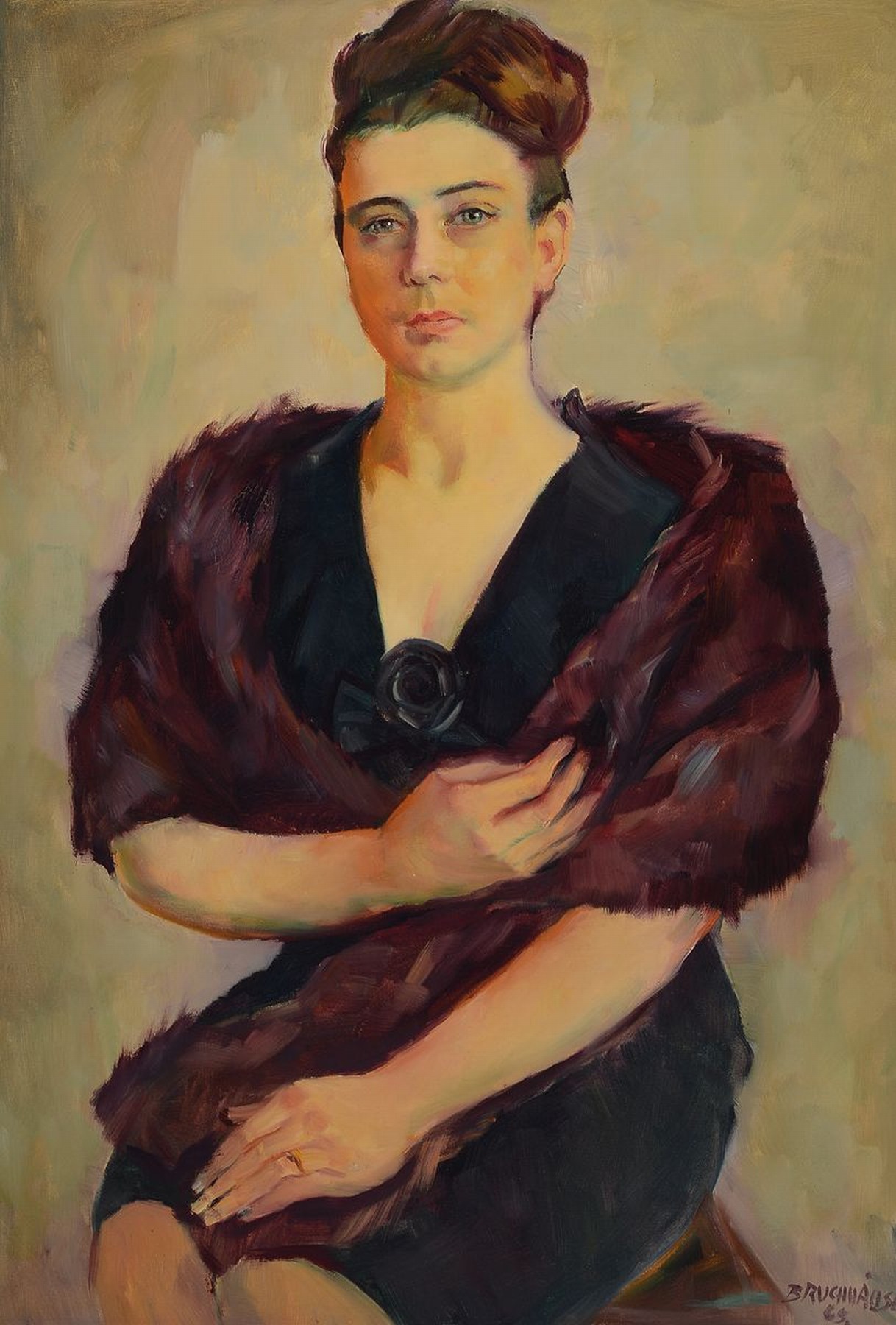 Karl Bruchhäuser, 1917-2005, Studium an der Akademie Düsseldorf, war ansässig in Neuwied, hier: Porträt einer Frau mit Pelzstola, Öl/Lwd, rechts ...
