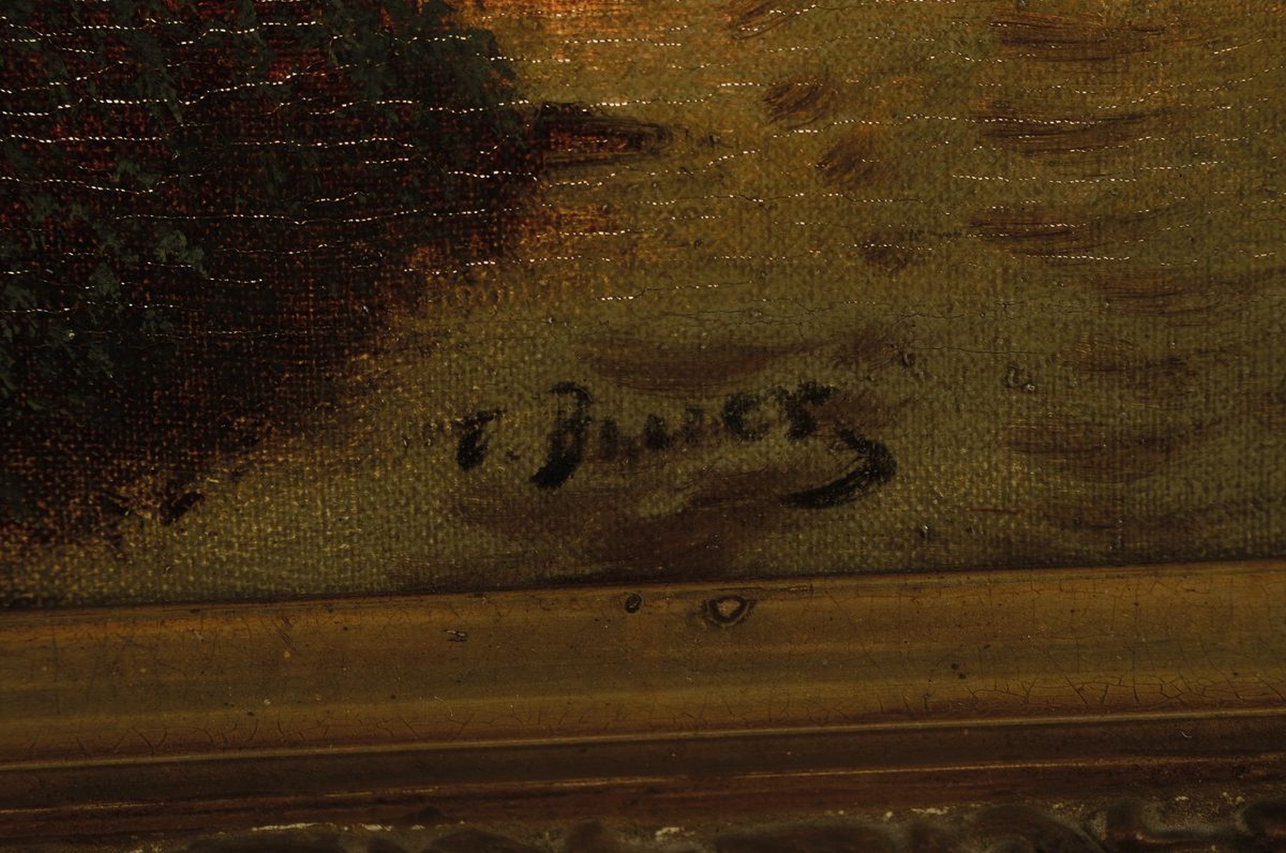 Detail a: C. Bauer, Künstler der 2. Hälfte des 19. Jh., Landschaft mit See und Häusern in den Bergen, spätromantische Auffassung, Öl/Lwd, mittig unten ...
