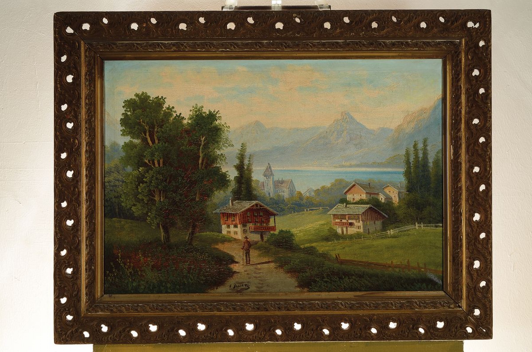 Detail k: C. Bauer, Künstler der 2. Hälfte des 19. Jh., Landschaft mit See und Häusern in den Bergen, spätromantische Auffassung, Öl/Lwd, mittig unten ...