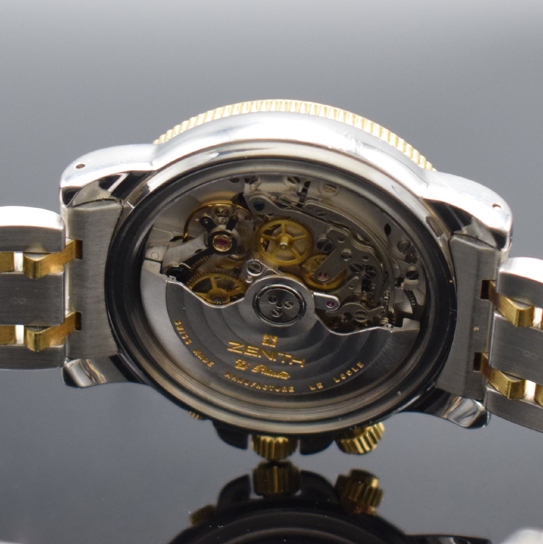 Detail h: ZENITH El Primero Rainbow Herrenarmbanduhr mit Chronograph in Stahl/Gold, Schweiz verk. lt. beil. Garantiekarte 08/2001, Automatik, Ref. ...