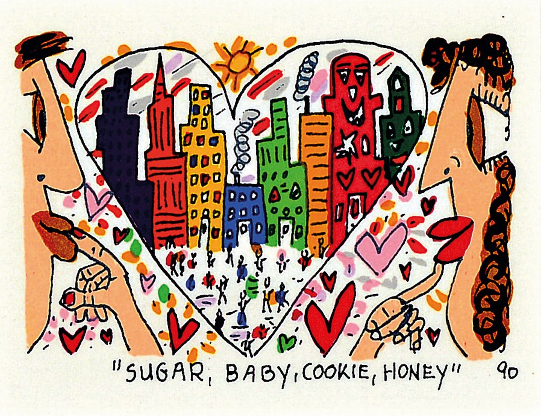 James Rizzi, 1950-2011, Lithografie, "sugar, Baby, cookie,Honey", dat. 90, unter Glas, gesamt ca. 28x30cm