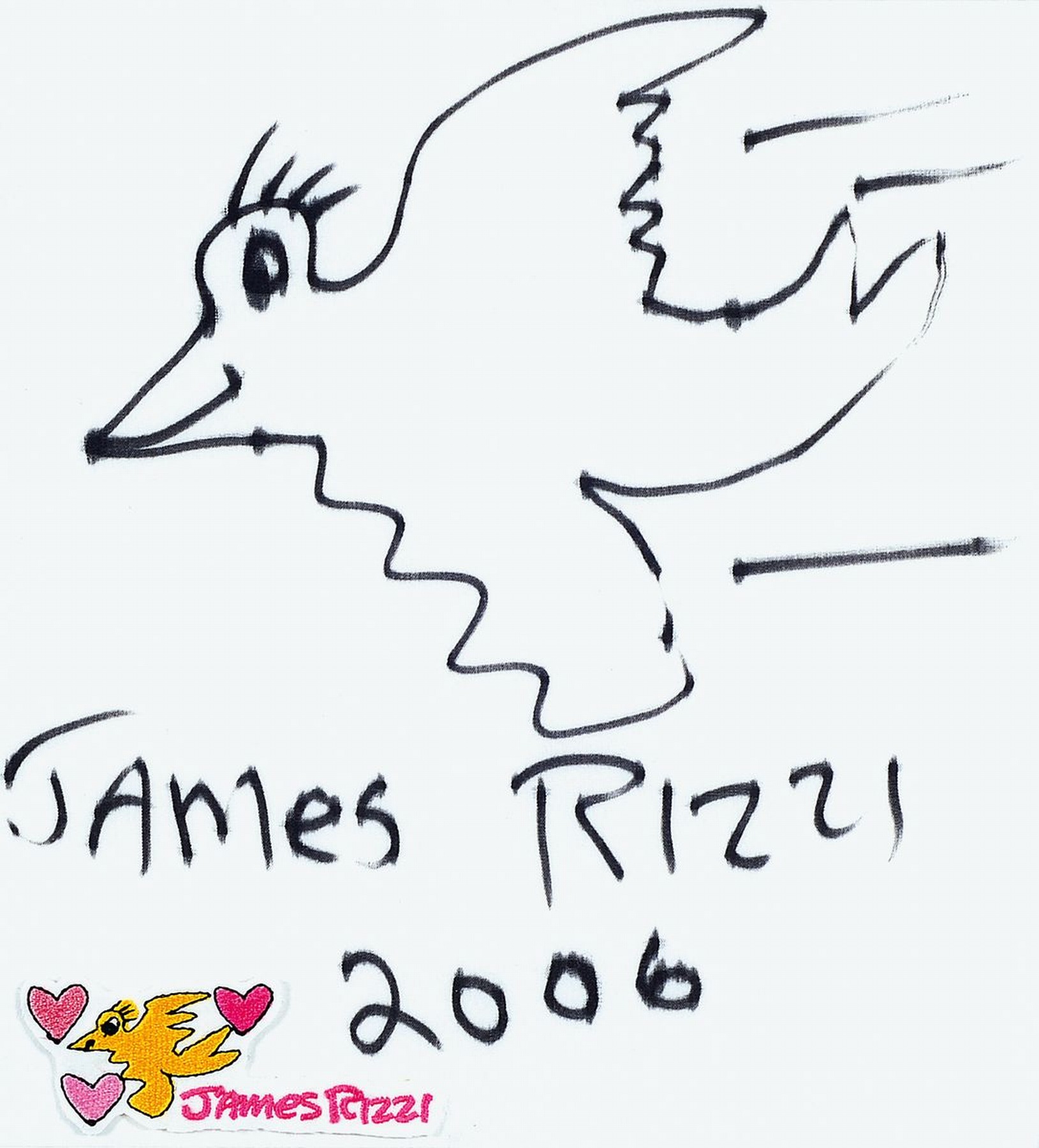 James Rizzi, 1950-2011, "Rizzi Bird", Filzstiftzeichnung auf Stoff, handsign., dat. 2020 , unter Glas, gesamt ca 40x37,5 cm
