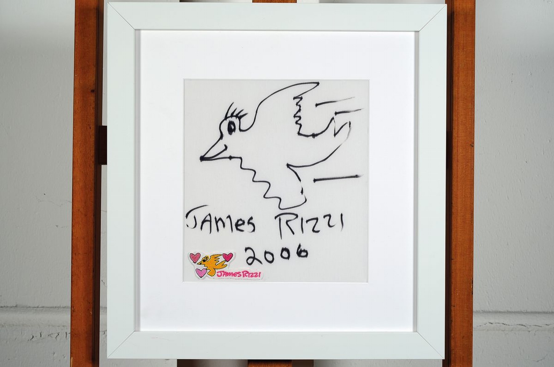 Detail k: James Rizzi, 1950-2011, "Rizzi Bird", Filzstiftzeichnung auf Stoff, handsign., dat. 2020 , unter Glas, gesamt ca 40x37,5 cm